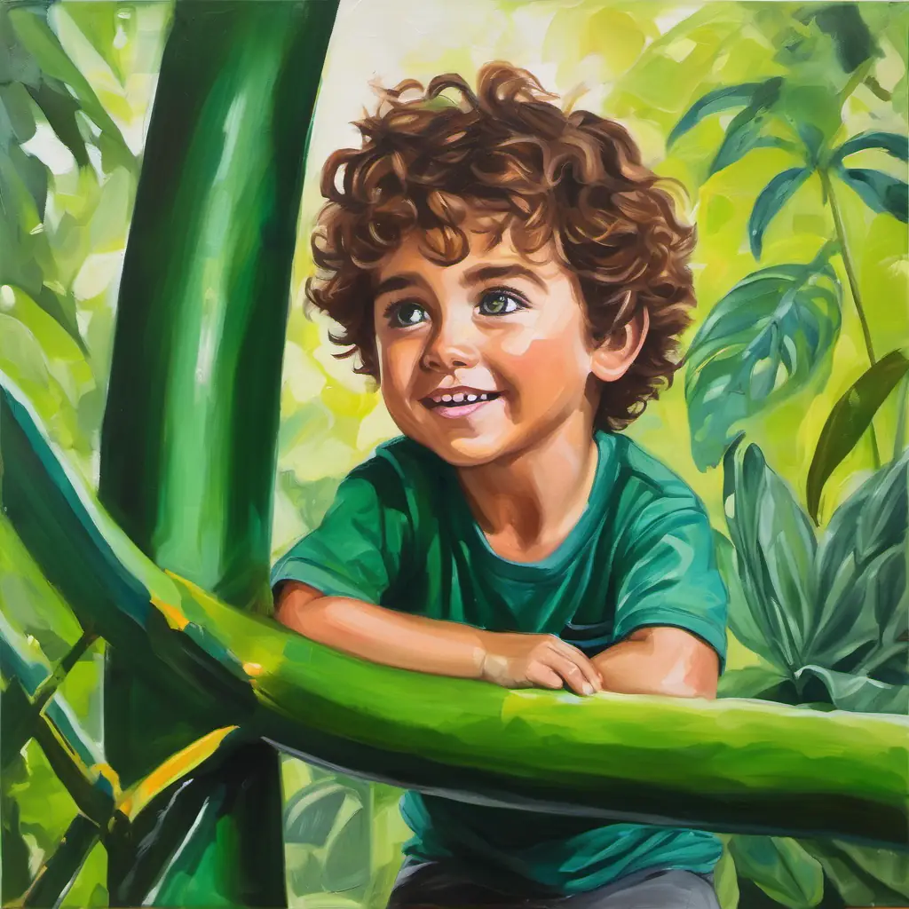 The text describes Cheeky little boy with curly brown hair and mischievous green eyes climbing the jungle gym, feeling scared and alone, calling out for his parents, and their comforting response.