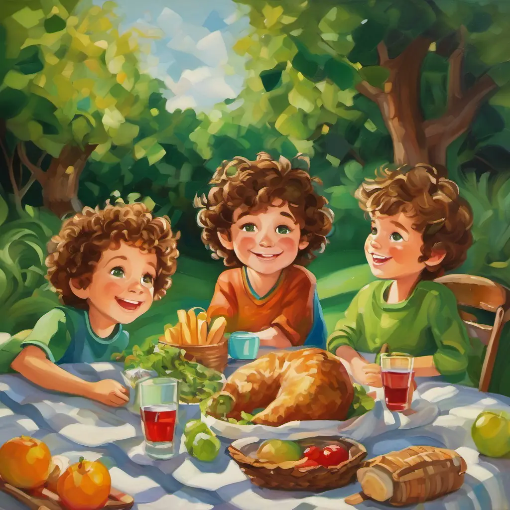 The text describes Cheeky little boy with curly brown hair and mischievous green eyes and his family enjoying their picnic, sharing stories and laughter, and Cheeky little boy with curly brown hair and mischievous green eyes falling asleep with dreams of more adventures.