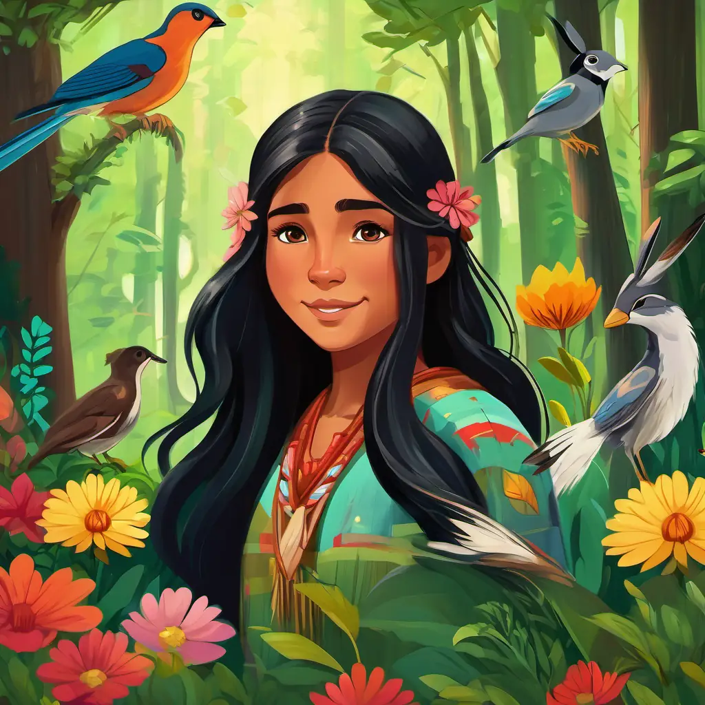 Young Native American girl with long black hair and kind brown eyes standing in a lush green forest, surrounded by colorful flowers and trees. Animals like birds and rabbits are gathered around her, looking friendly and happy.