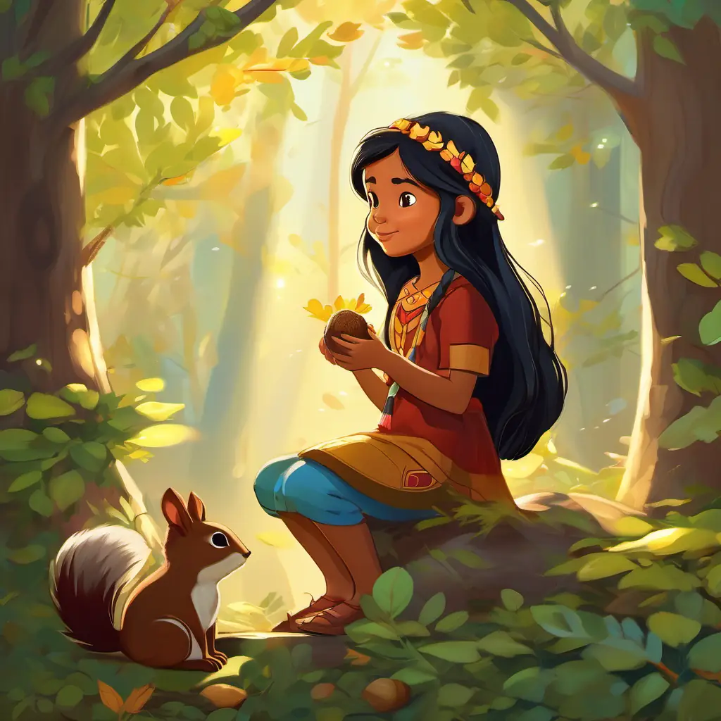 Young Native American girl with long black hair and kind brown eyes kneeling down next to Tiny squirrel with a cheerful personality and a love for acorns, who is perched on a tree branch. The forest is filled with tall trees and rays of sunshine peeking through the leaves.