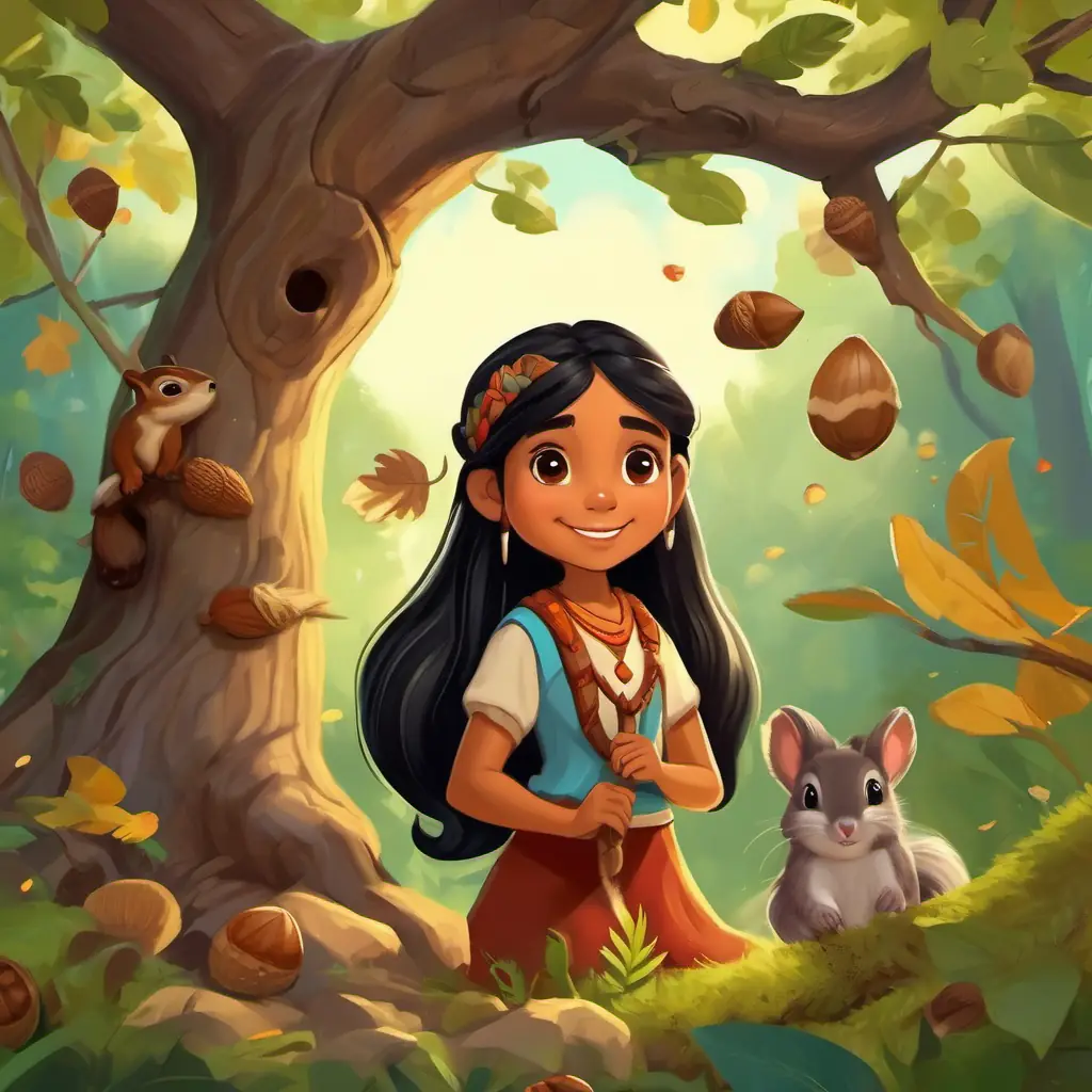 Young Native American girl with long black hair and kind brown eyes and Tiny squirrel with a cheerful personality and a love for acorns digging near a big tree root. Various other animals like birds and rabbits are watching them with excitement.