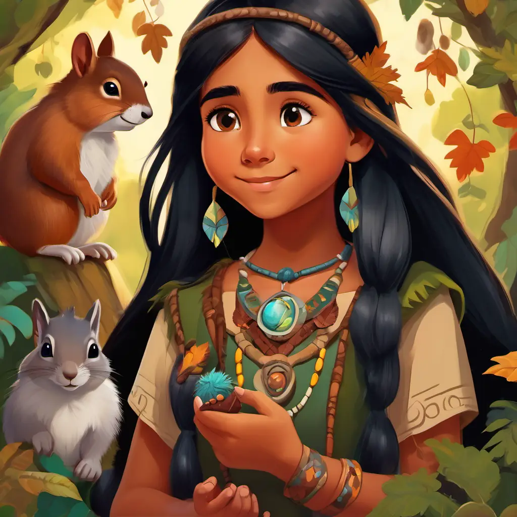 Young Native American girl with long black hair and kind brown eyes wearing the magical necklace and gazing at it in amazement. Tiny squirrel with a cheerful personality and a love for acorns is looking at her with gratitude, while other animals are looking at the necklace curiously.