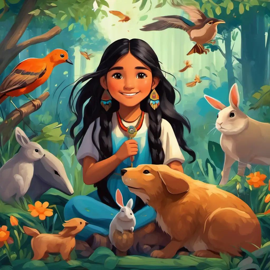 Young Native American girl with long black hair and kind brown eyes surrounded by a variety of animals like birds, rabbits, deer, and even a wise old turtle. The whole scene is filled with happiness and harmony.