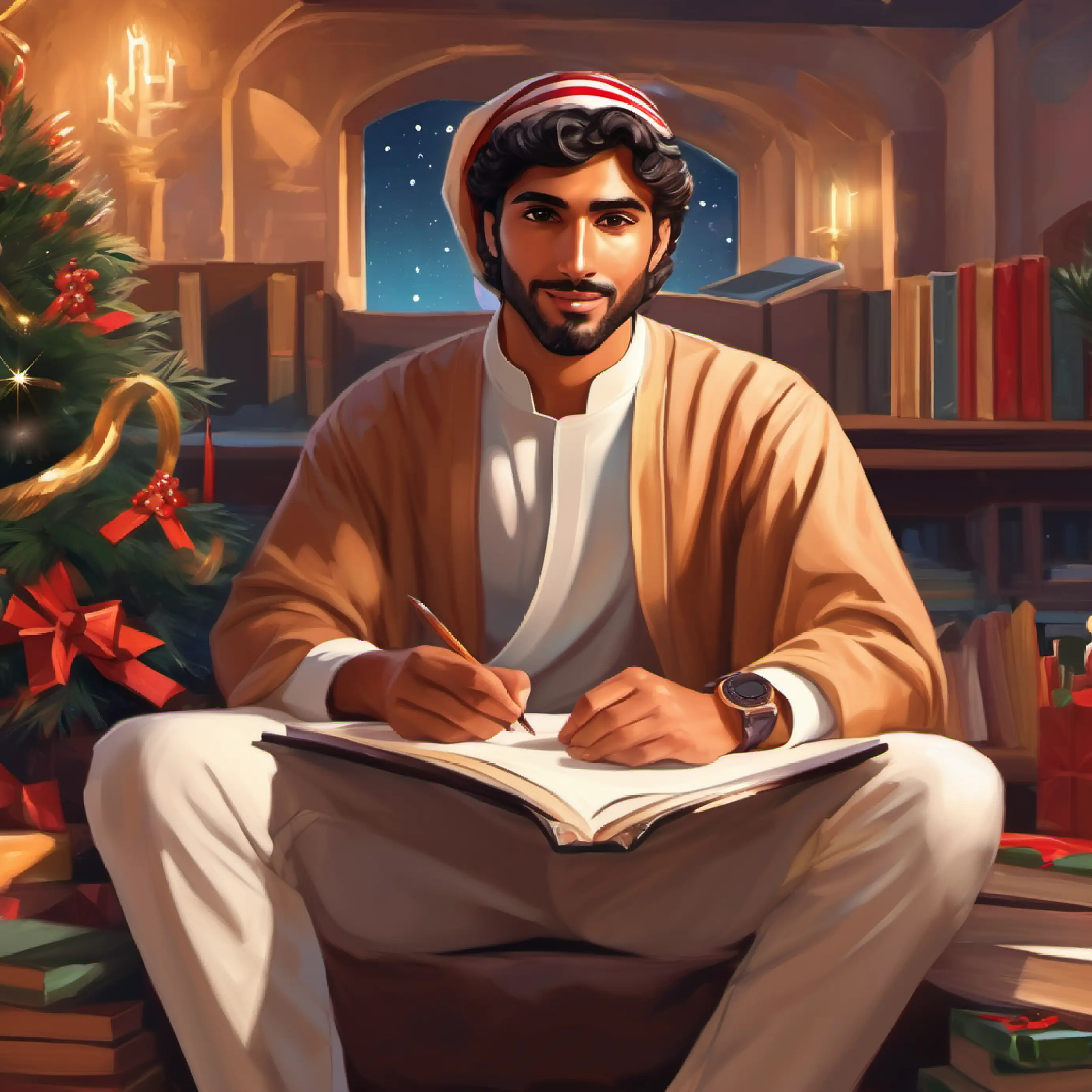 Emirati male, tan skin, dark brown eyes, young visionary at University, studying space