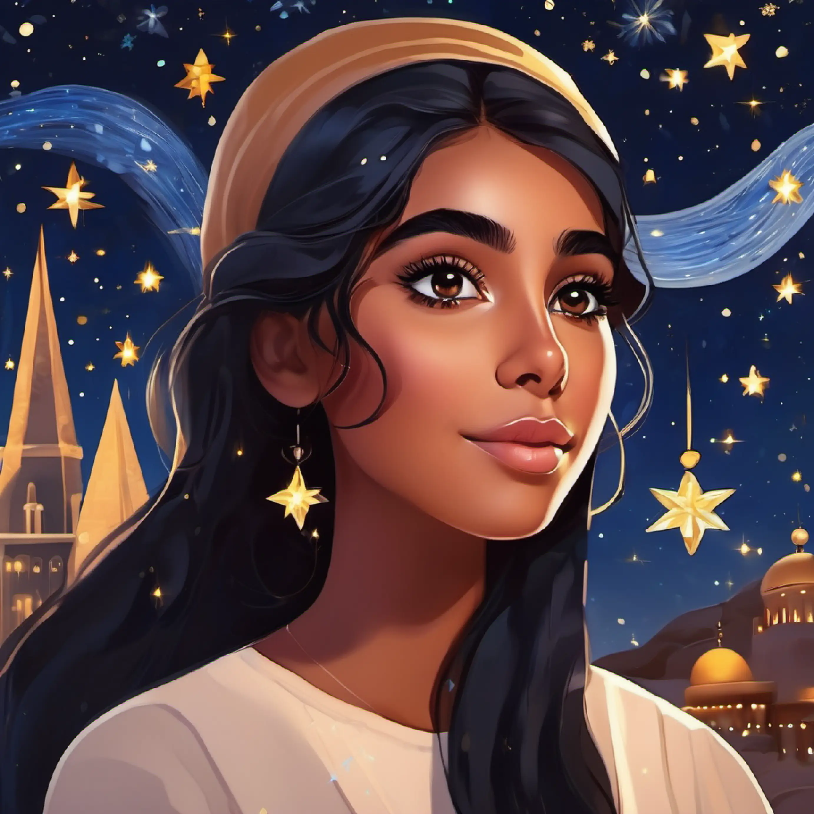 Emirati girl, tan skin, dark black  eyes, young visionary in UAE, starry night, dreams of space