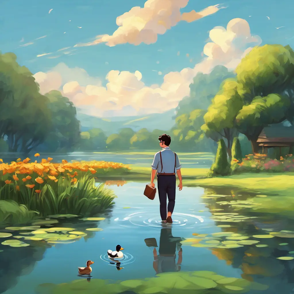 A man with dark hair and glasses, a man with dark hair and glasses, walking near a pond. A small A small duck swimming happily swimming happily.