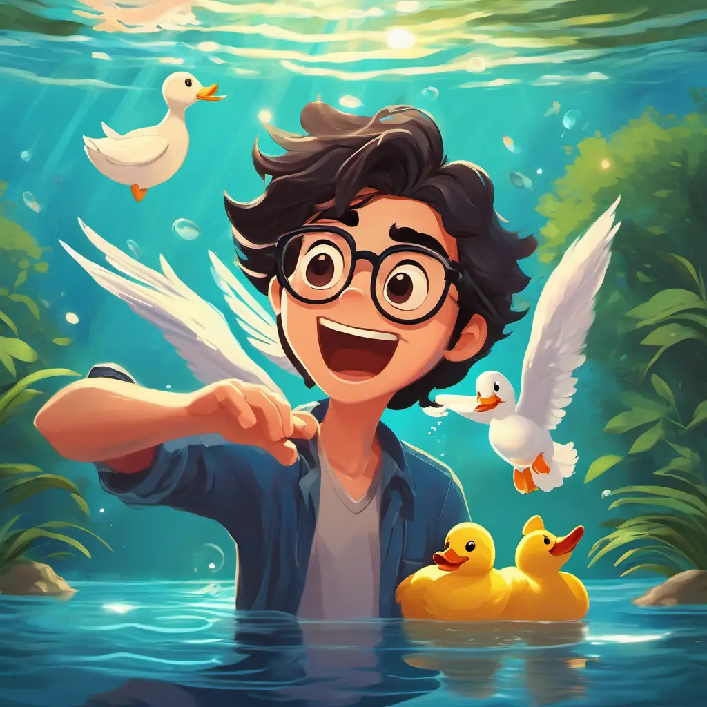 A man with dark hair and glasses, stretching his arm towards the A small duck swimming happily, with surprise on his face. The A small duck swimming happily flapping its wings and flying away.