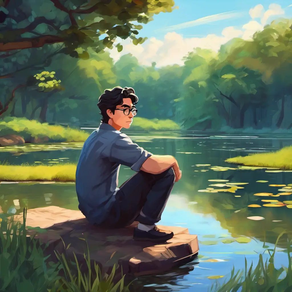 A man with dark hair and glasses sitting next to the pond, looking sad and thoughtful.