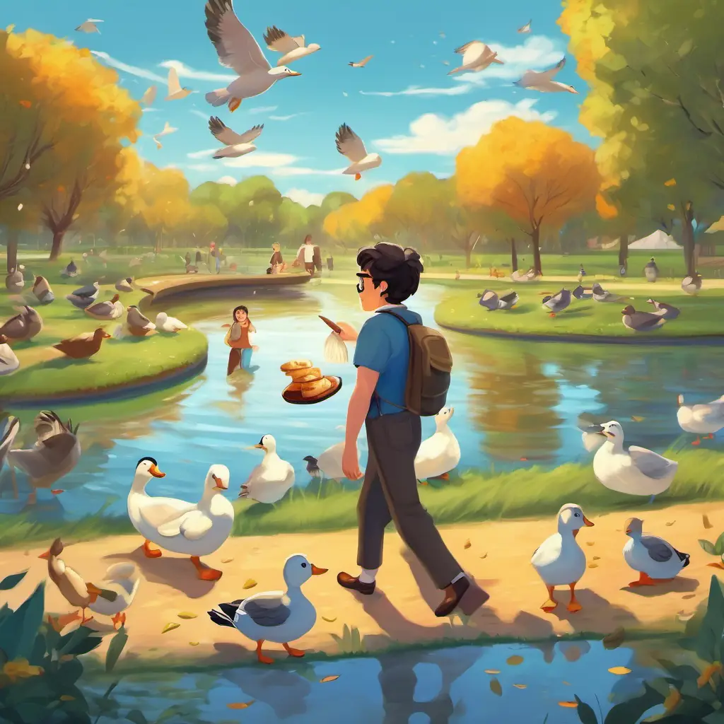 A man with dark hair and glasses giving bread crumbs to birds and A small duck swimming happilys in the park, with animals happily gathering around him.