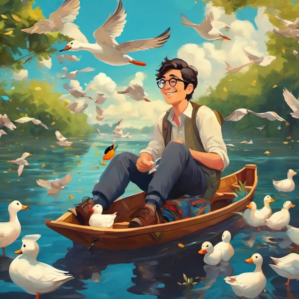 A man with dark hair and glasses, smiling and surrounded by birds and A small duck swimming happilys, enjoying their company.