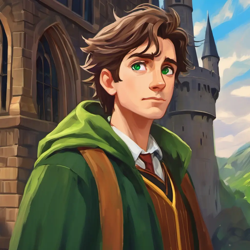 Hogwarts castle, Messy hair, green eyes, curious expression, scar on forehead feels the cold air