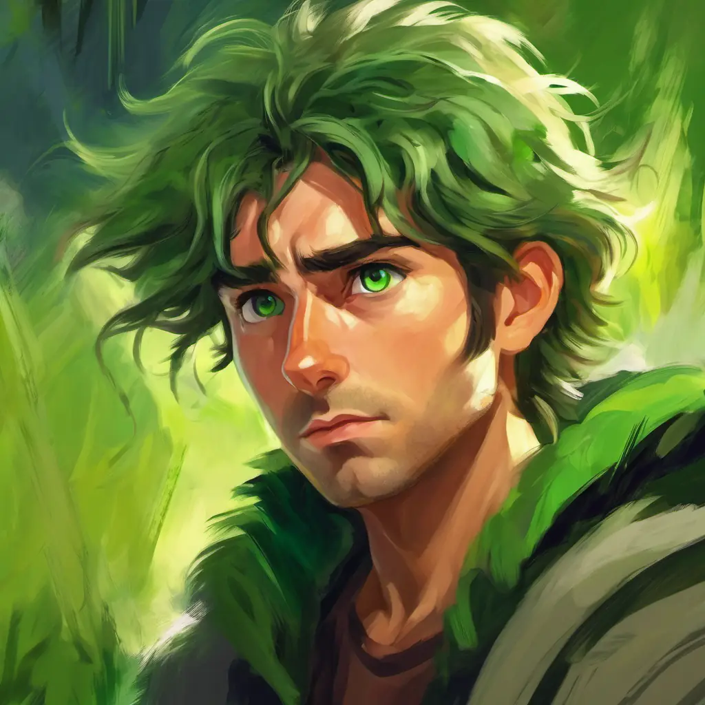 Messy hair, green eyes, curious expression, scar on forehead's realization about bravery