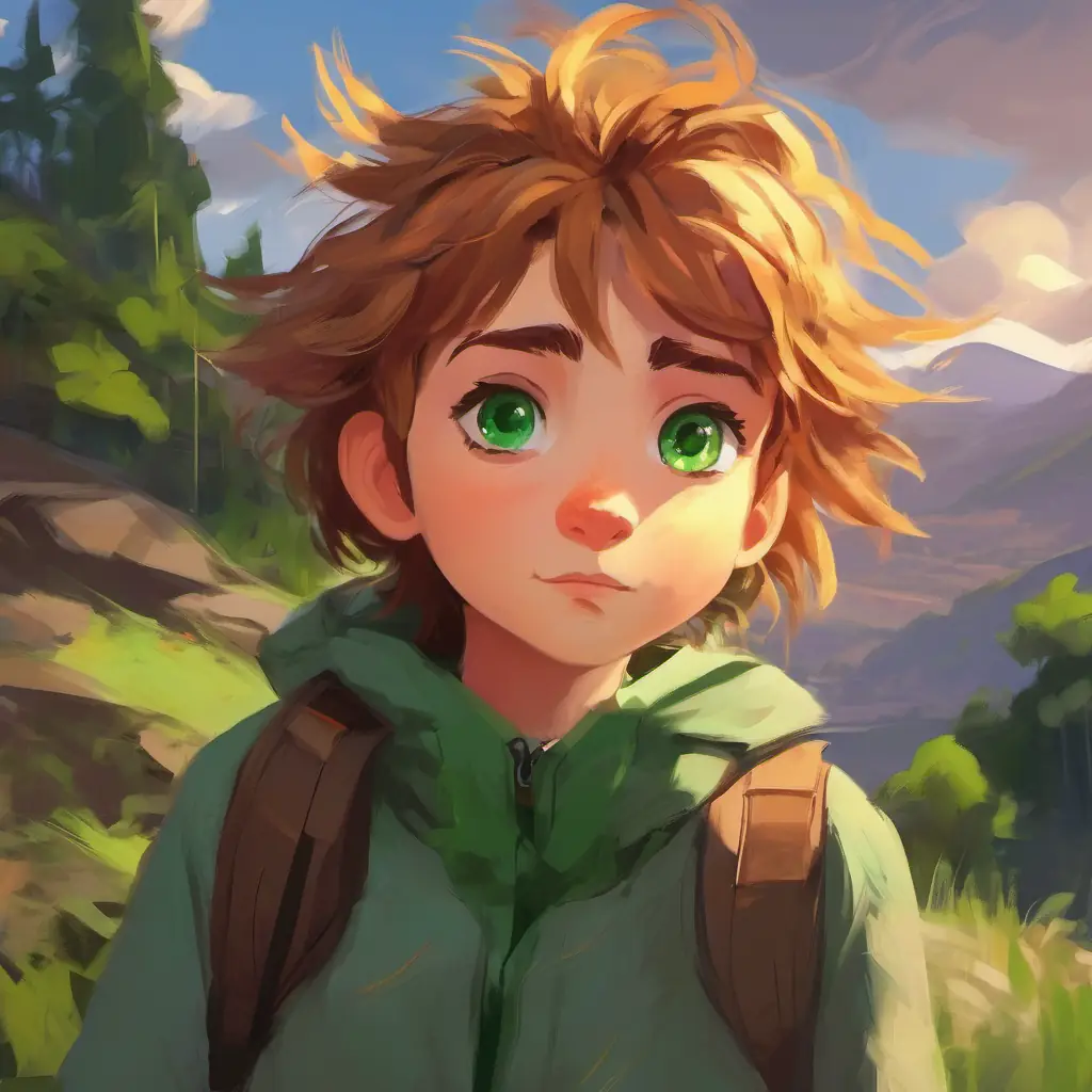 Messy hair, green eyes, curious expression, scar on forehead's decision, sets adventure tone