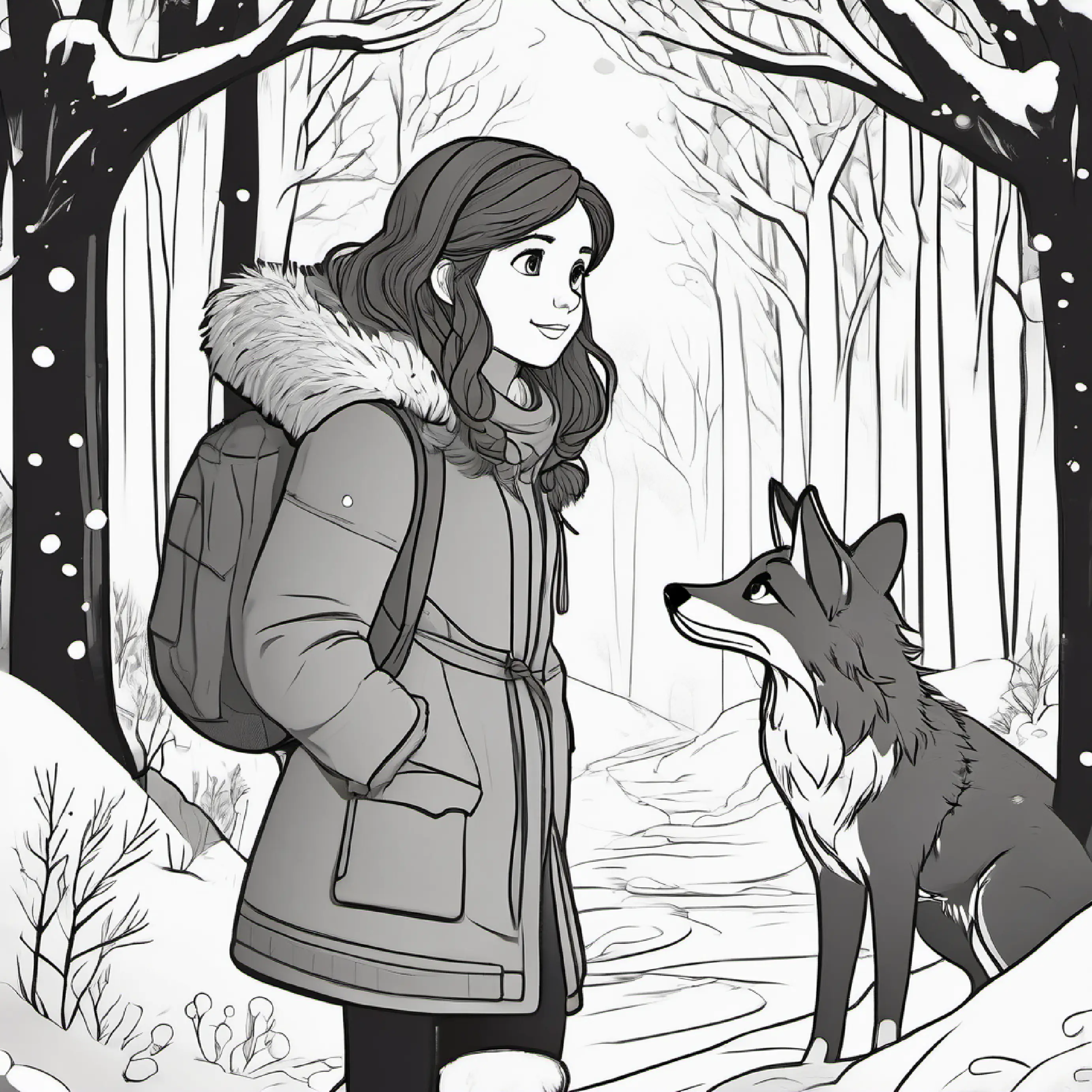Young girl with brown hair, warm jacket, kind blue eyes meets a cold fox, the woods are snowy and quiet.