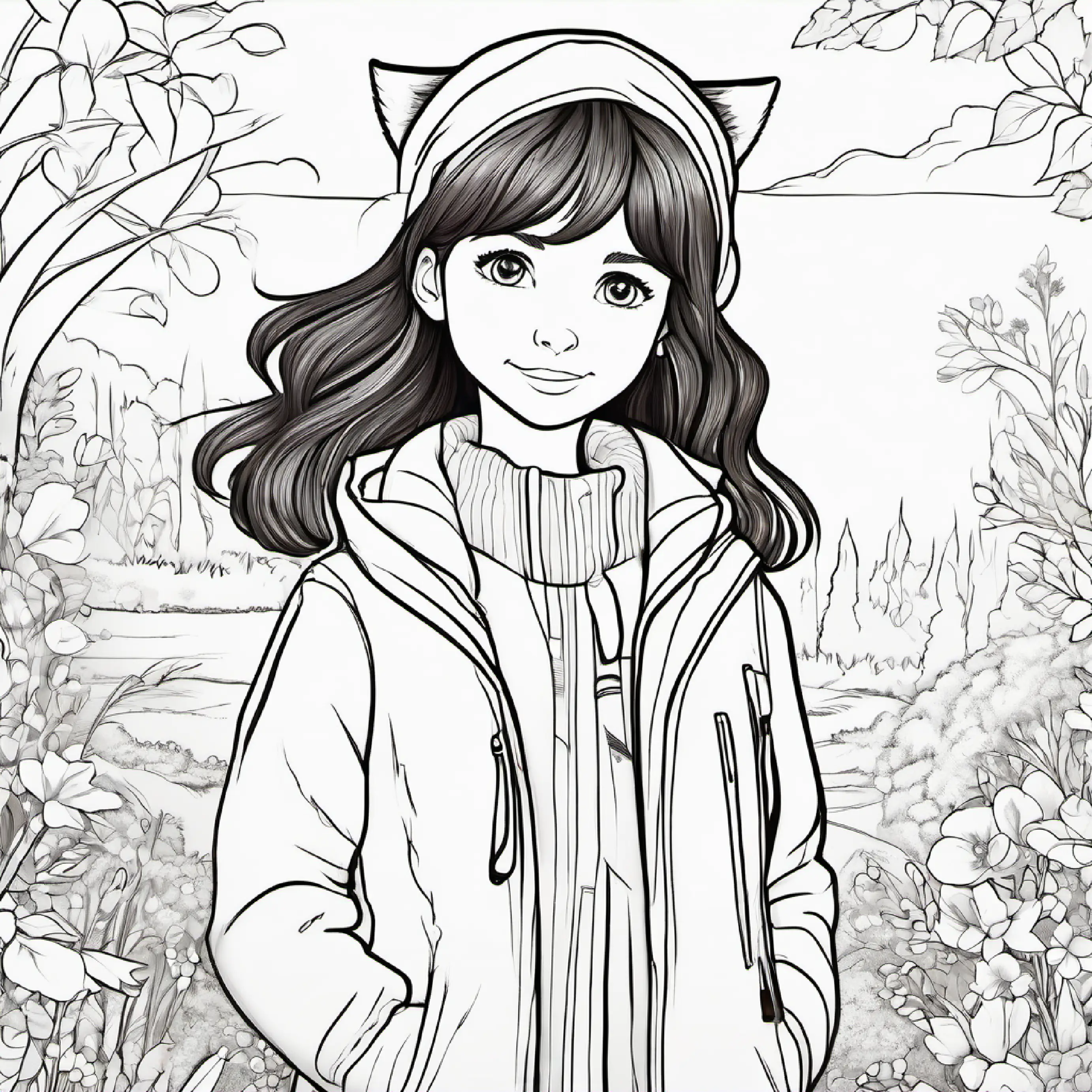 Young girl with brown hair, warm jacket, kind blue eyes shares food with the fox, showing kindness and empathy.