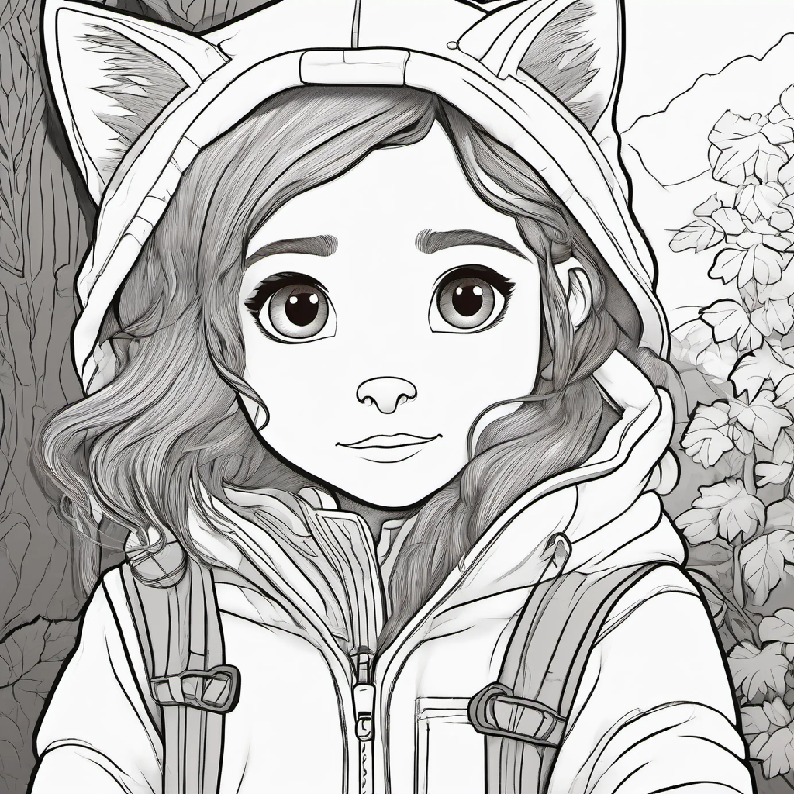 Silver fox with bright eyes, bushy tail, hurt paw understands, Young girl with brown hair, warm jacket, kind blue eyes is reassured by the ethical decision she made.