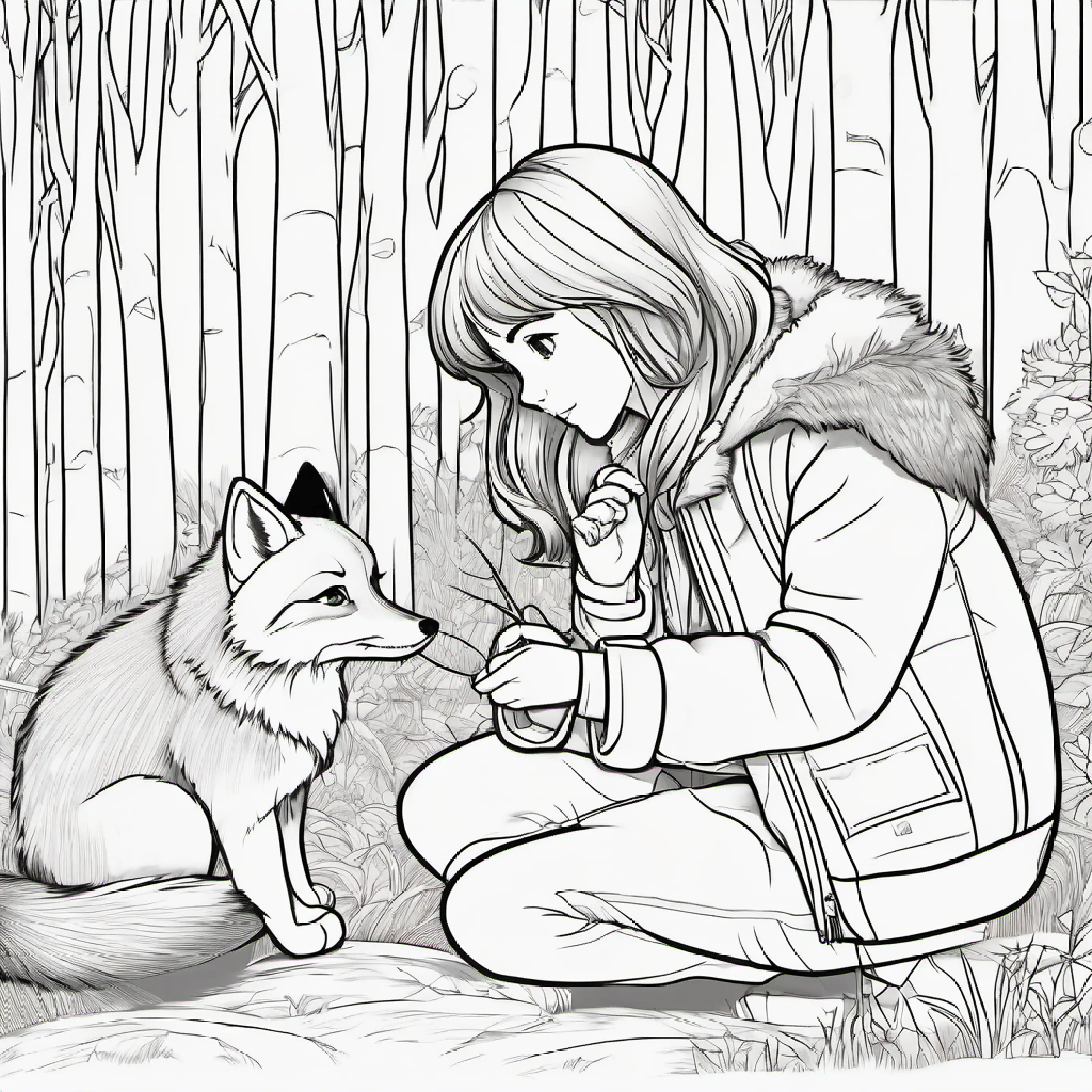Young girl with brown hair, warm jacket, kind blue eyes observes the fox's injured paw, showing concern and sorrow.