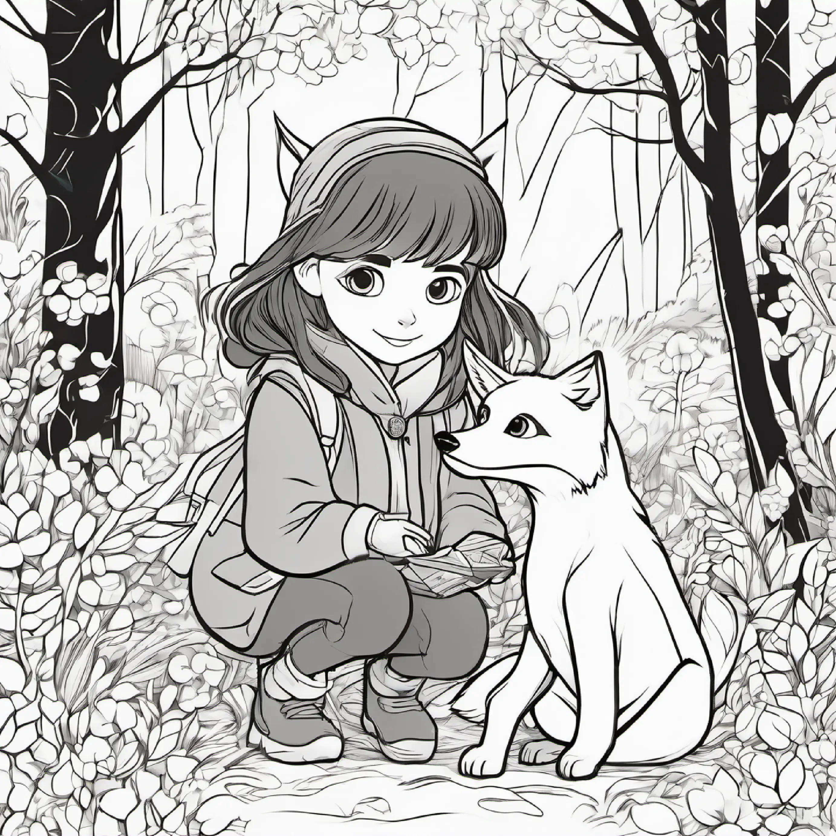 Young girl with brown hair, warm jacket, kind blue eyes helps the fox by crafting a splint, displaying resourcefulness.