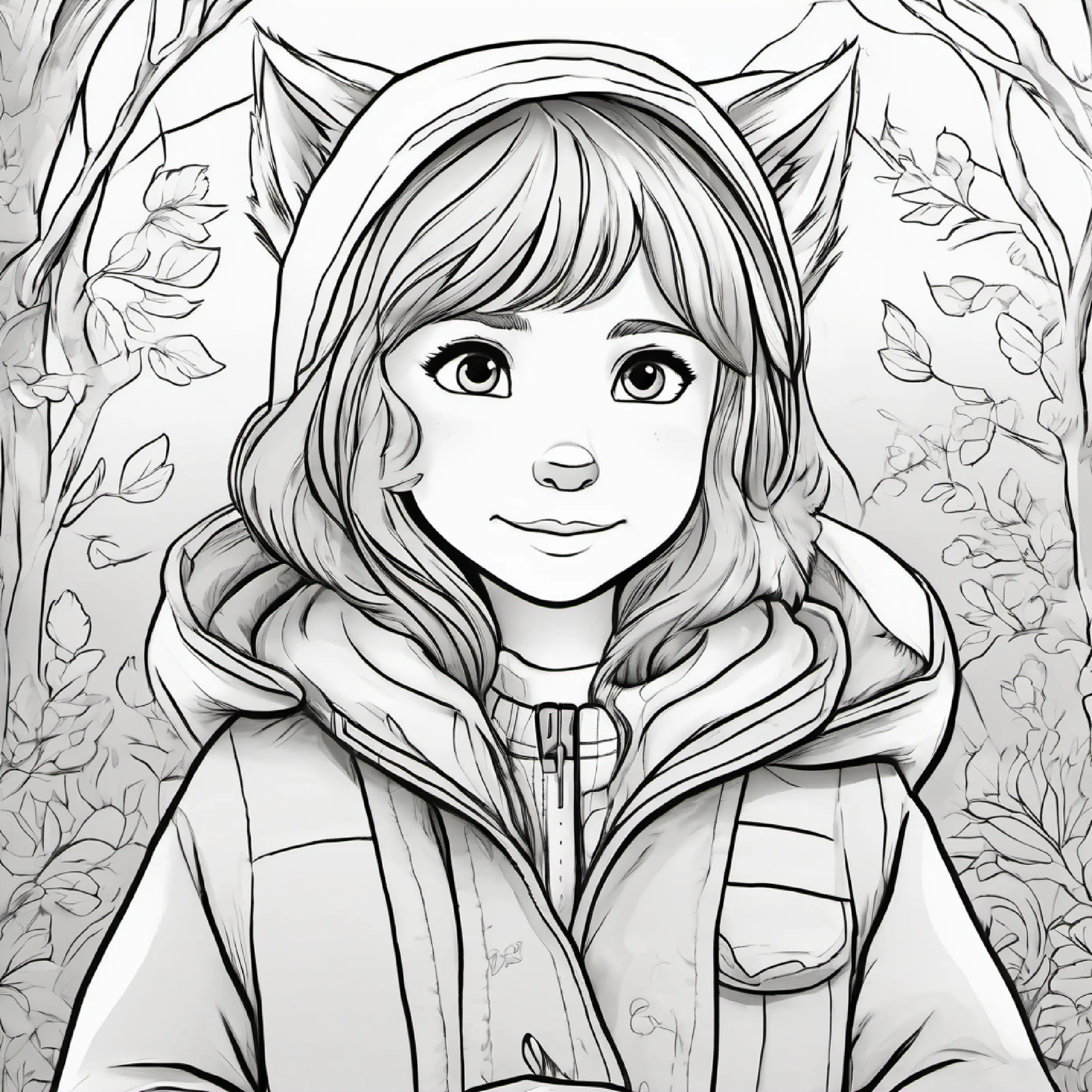 Silver fox with bright eyes, bushy tail, hurt paw shows gratitude, Young girl with brown hair, warm jacket, kind blue eyes feels happy to have helped.