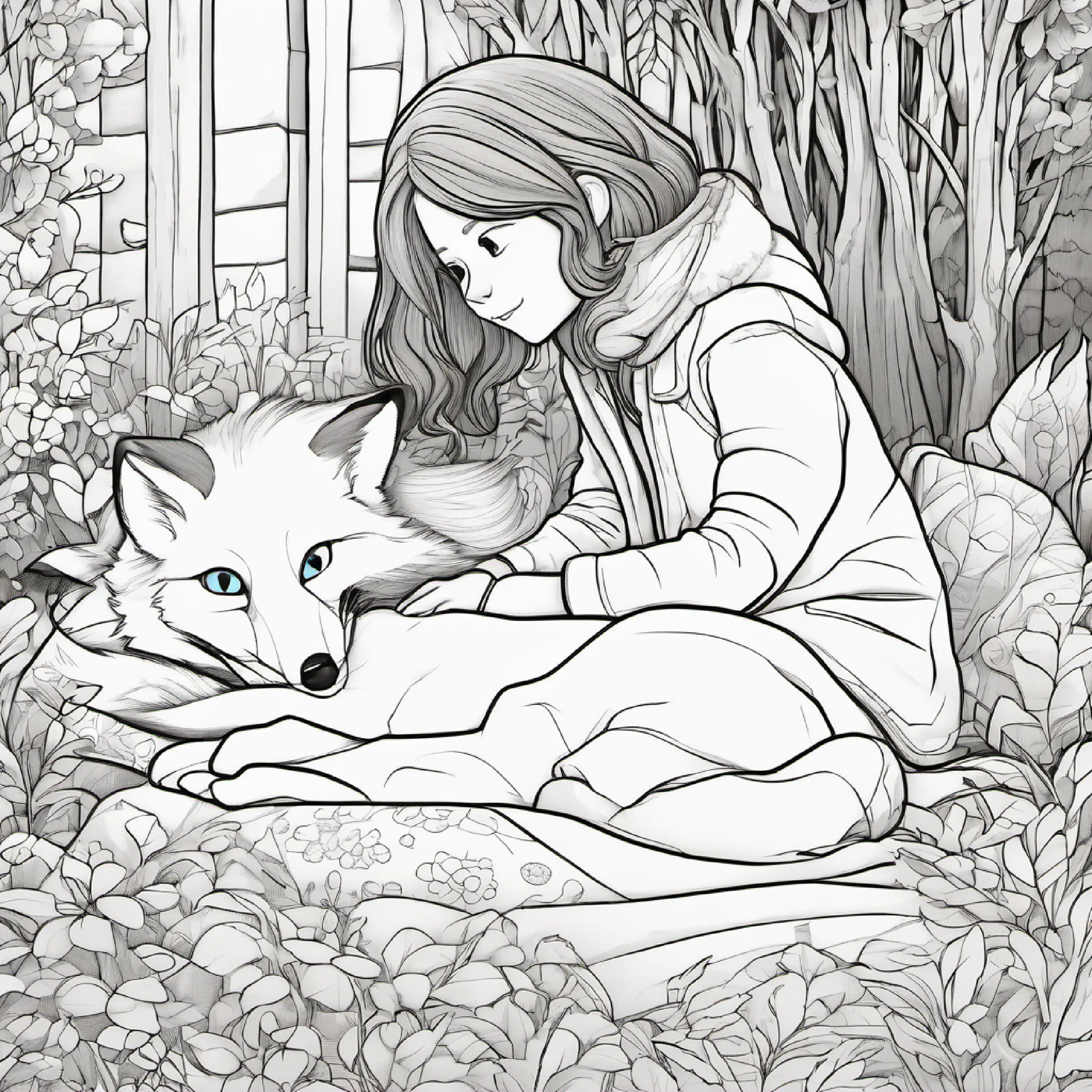 Young girl with brown hair, warm jacket, kind blue eyes makes fox a bed, illustrates compassion and care.