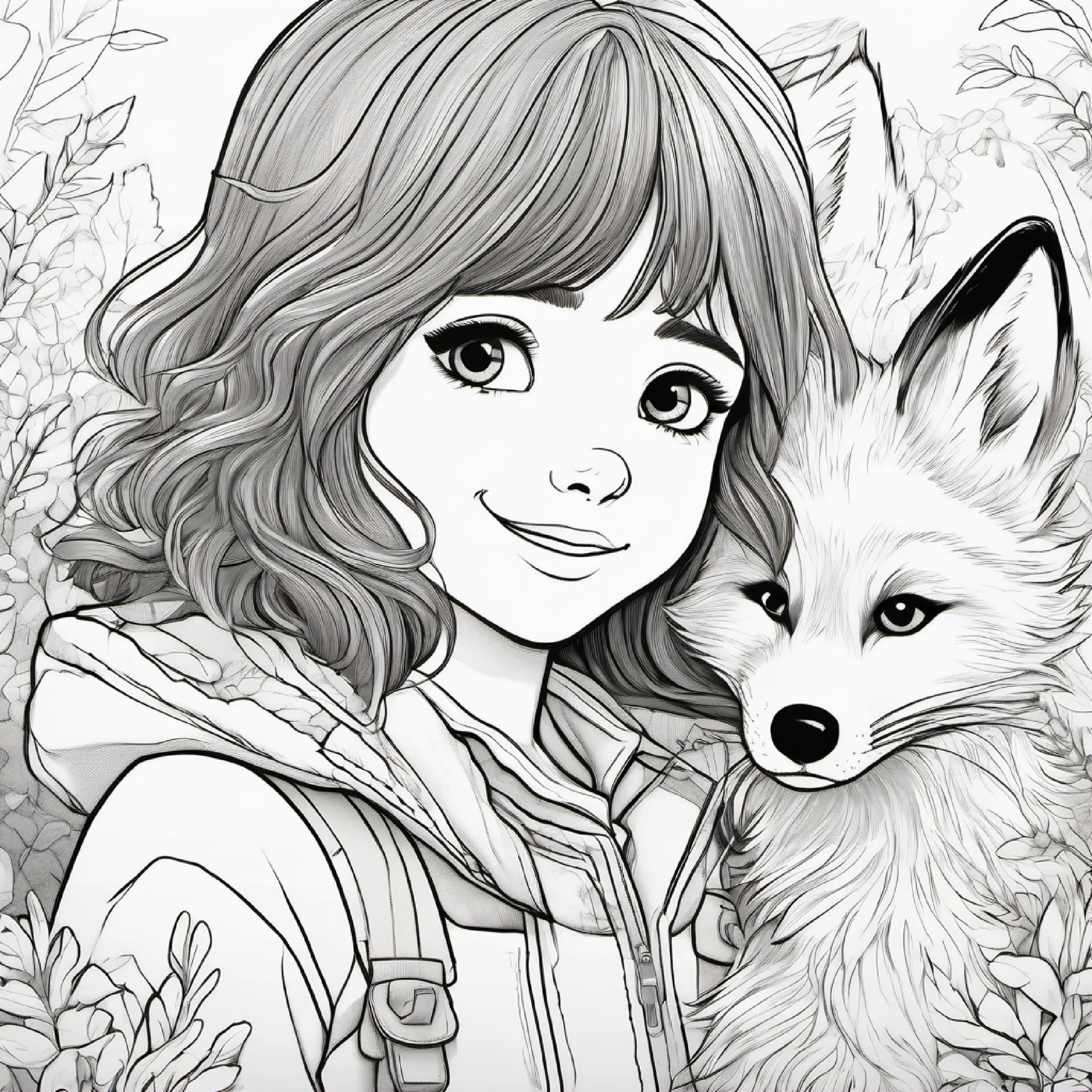 Young girl with brown hair, warm jacket, kind blue eyes and fox play, forming a friendship and enjoying nature.