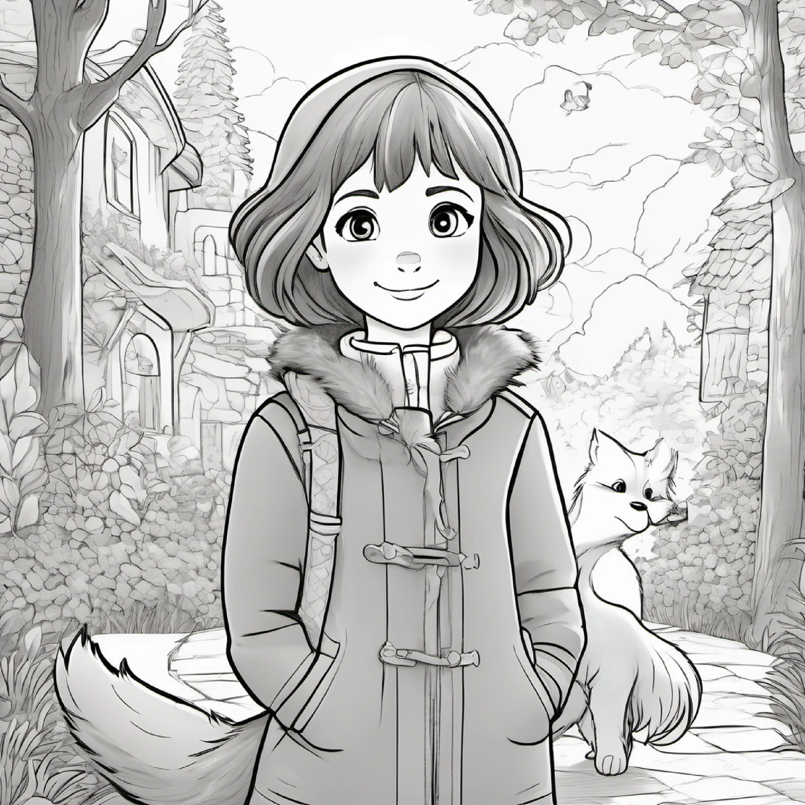 Silver fox with bright eyes, bushy tail, hurt paw follows home, showing loyalty; Young girl with brown hair, warm jacket, kind blue eyes is touched by new friendship.