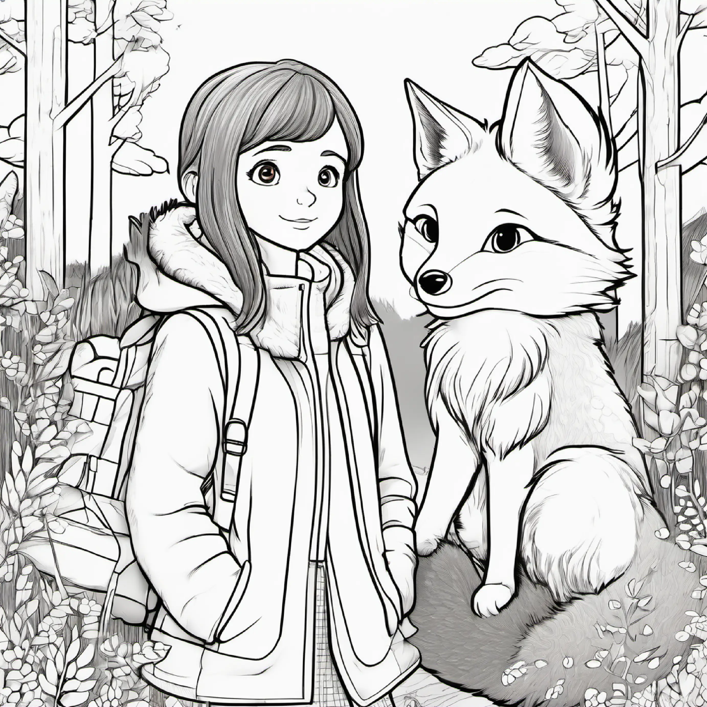 Young girl with brown hair, warm jacket, kind blue eyes teaches fox about the wild, a hard but wise lesson.
