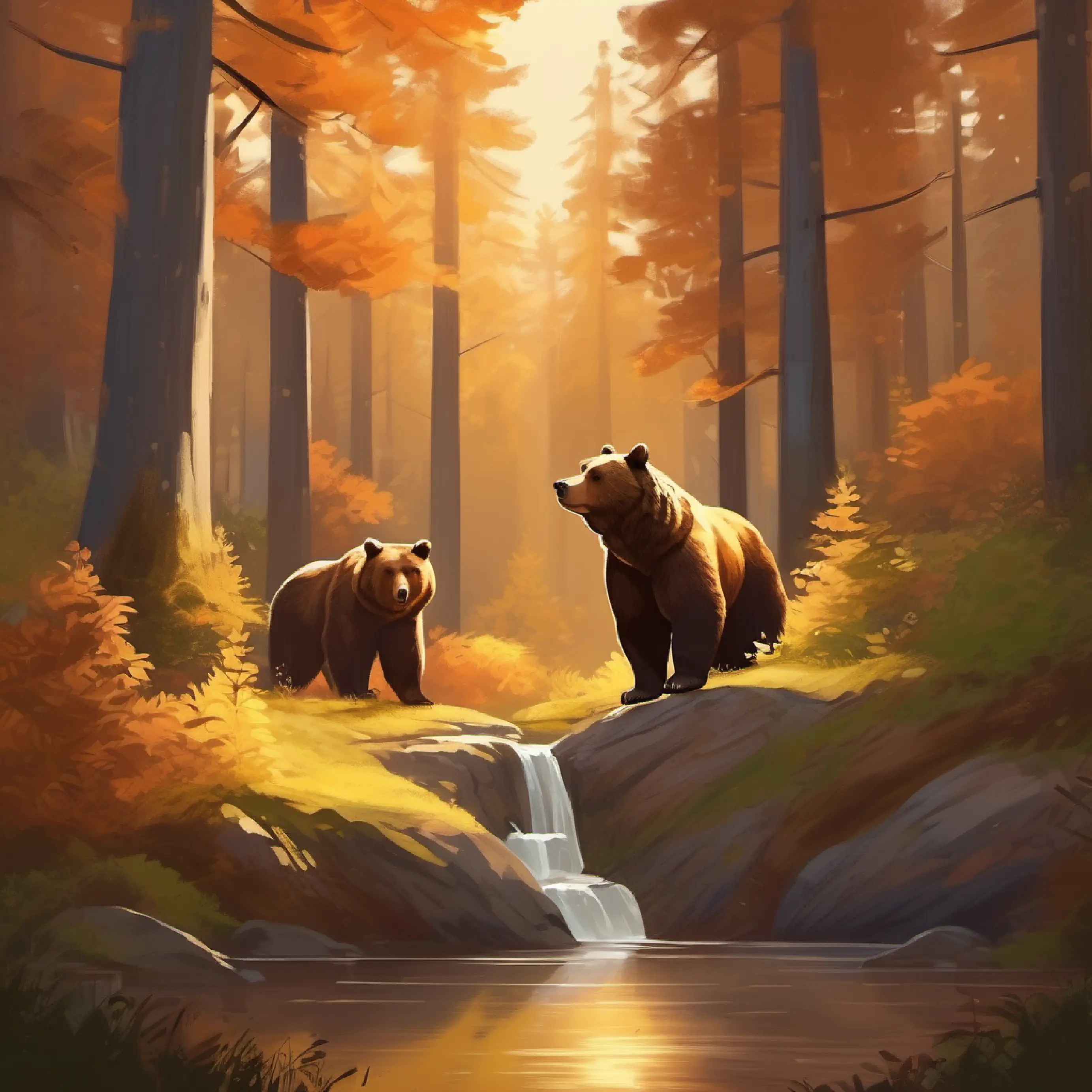 Setting the forest scene, introducing Large brown bear, warm brown eyes, gentle the bear.