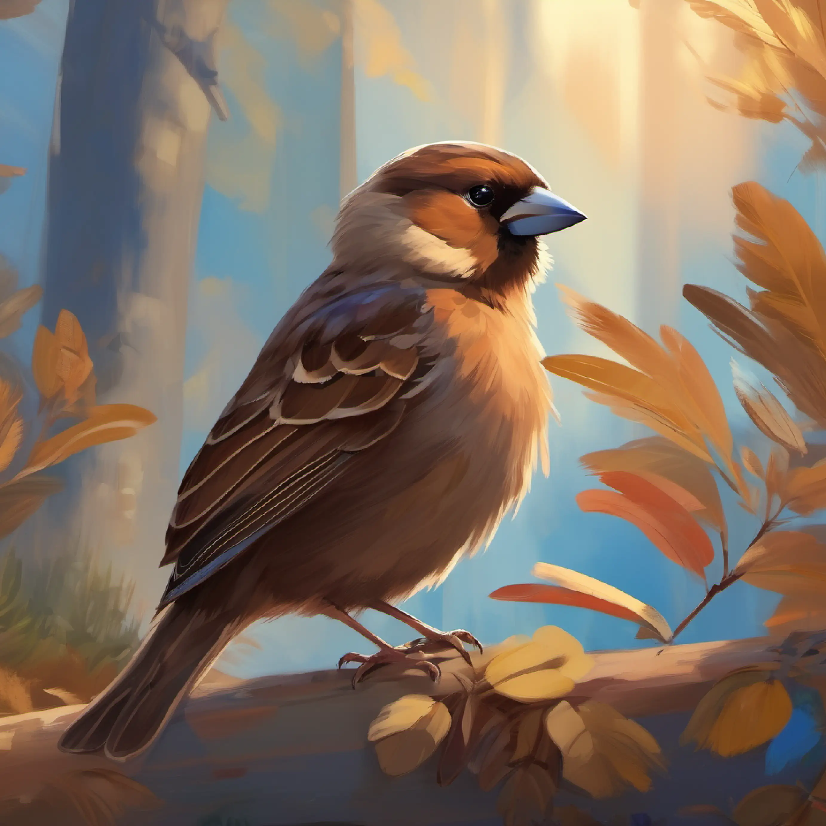 Introducing Sparrow, blue feathers, bright-eyed, joyful the sparrow, Large brown bear, warm brown eyes, gentle's friend.