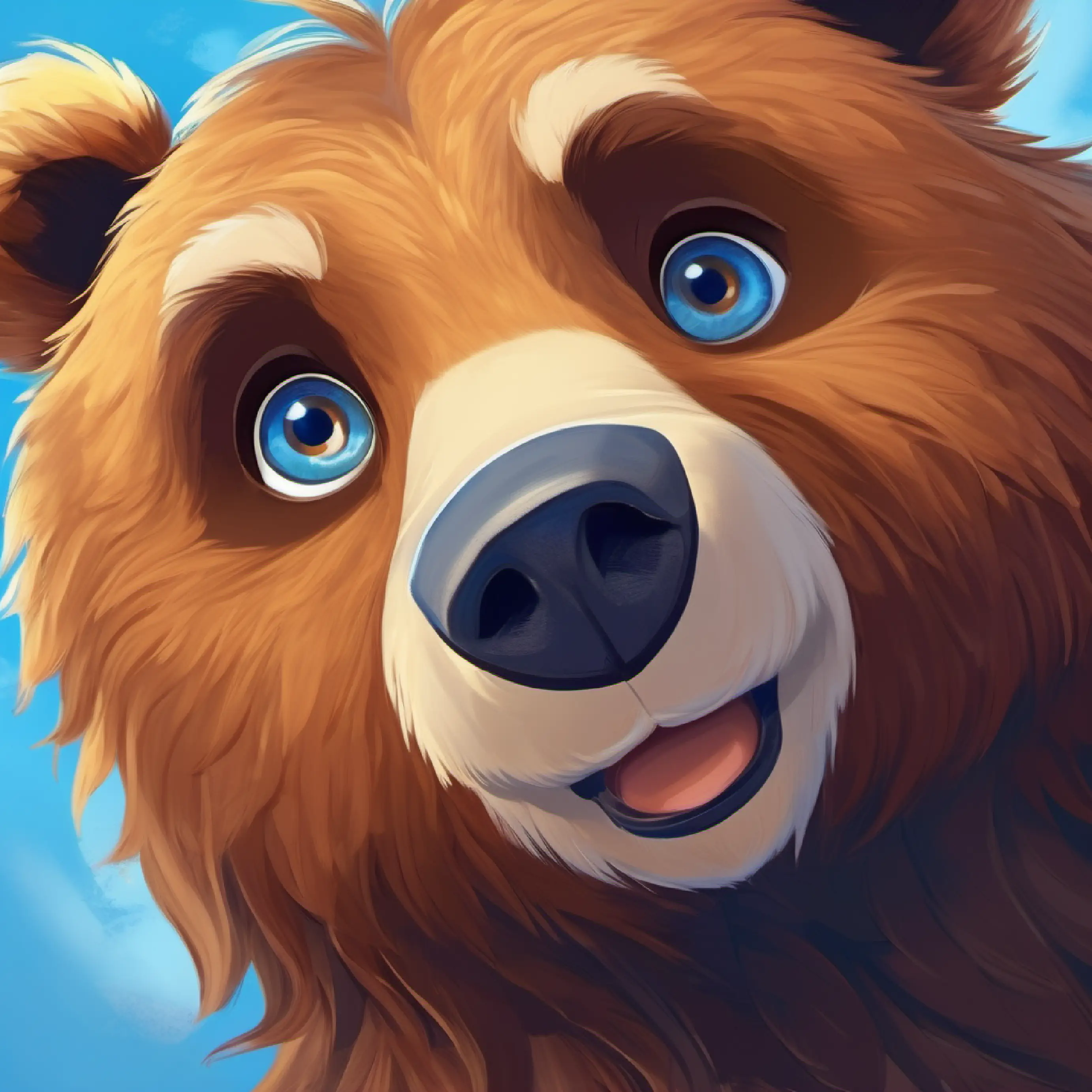 Large brown bear, warm brown eyes, gentle and Sparrow, blue feathers, bright-eyed, joyful's enduring friendship.