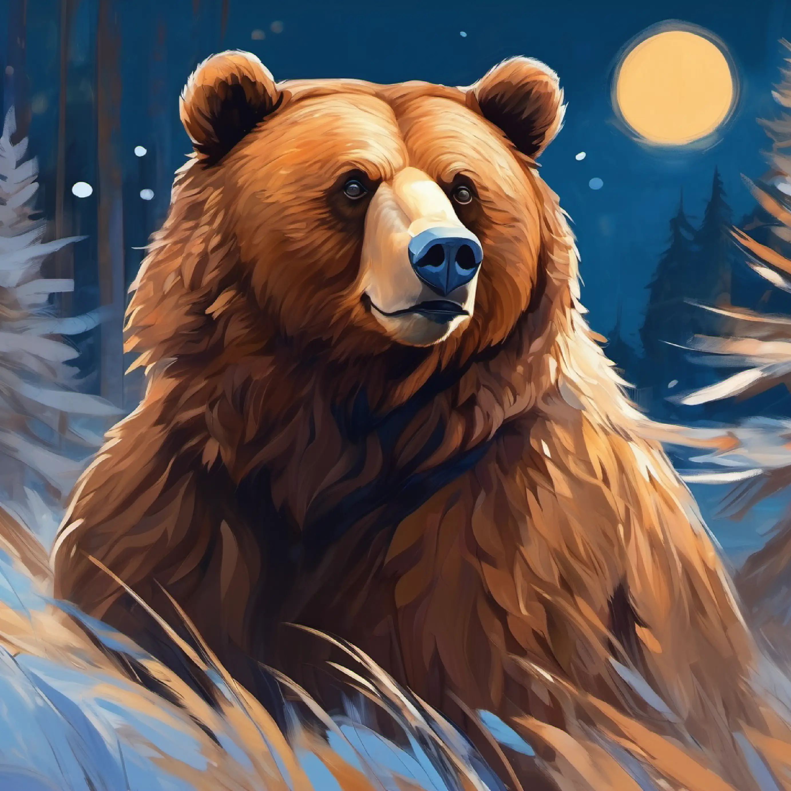 Large brown bear, warm brown eyes, gentle and Sparrow, blue feathers, bright-eyed, joyful, a bond unbroken by time.