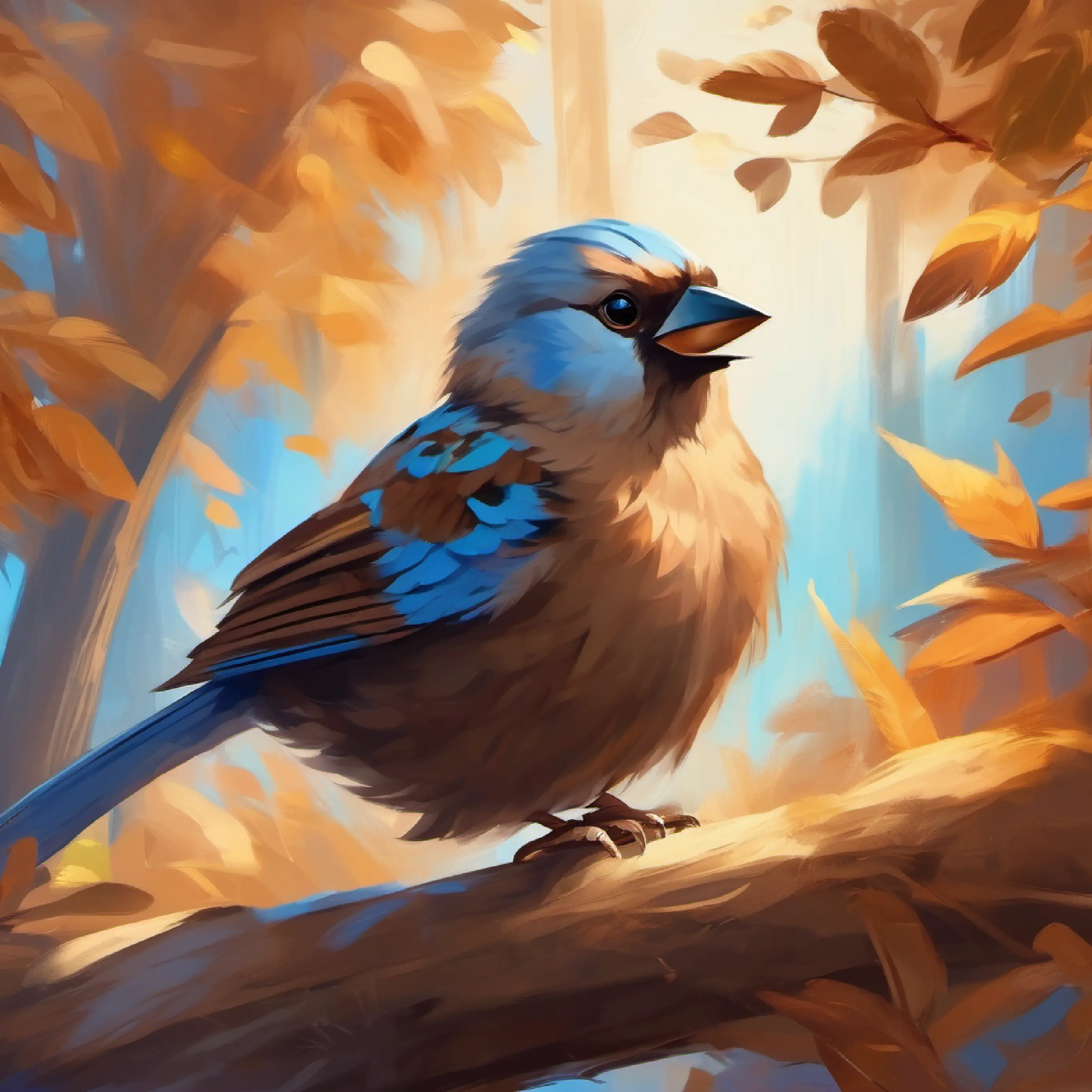 Sparrow, blue feathers, bright-eyed, joyful sings, Large brown bear, warm brown eyes, gentle feels special emotions.
