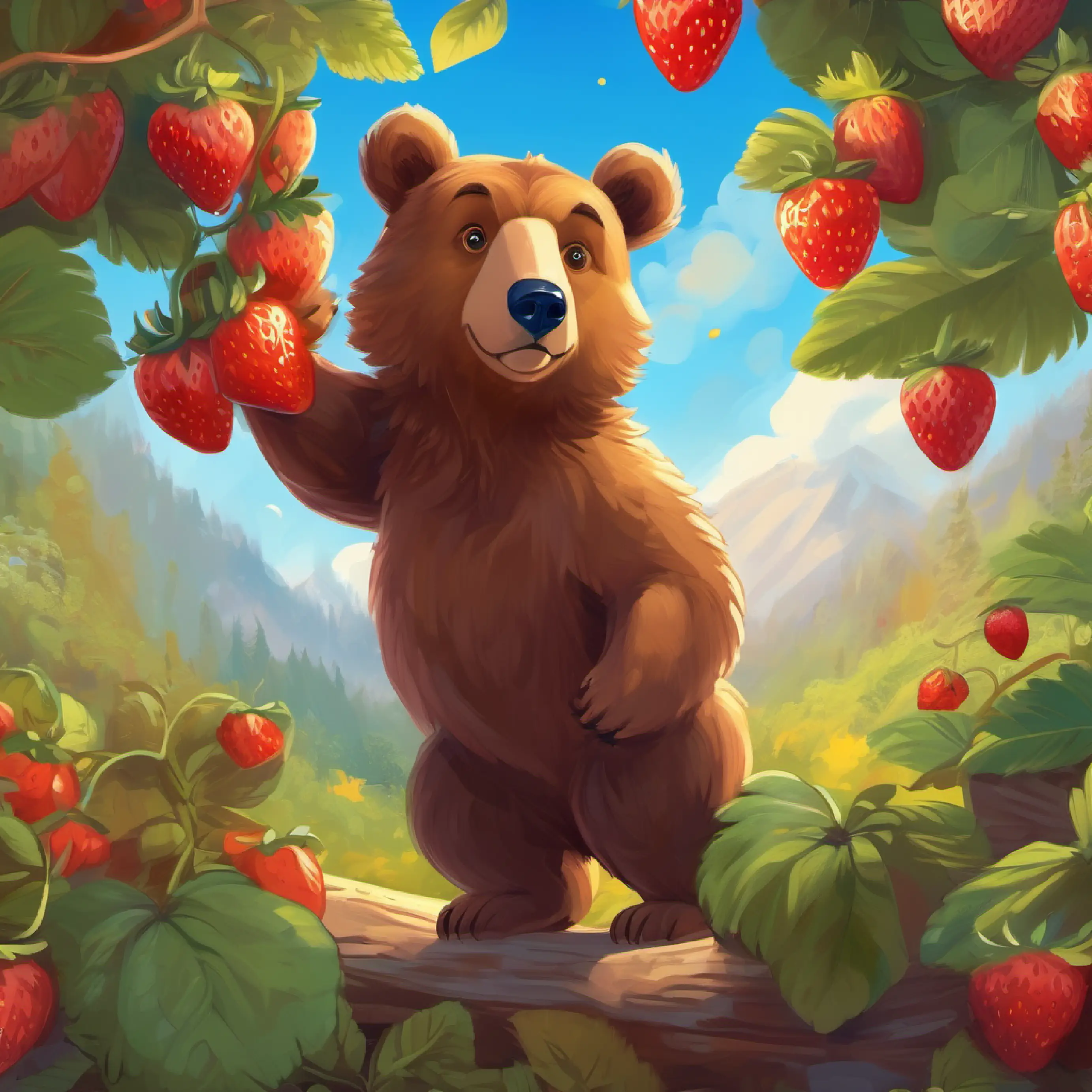 Large brown bear, warm brown eyes, gentle discovers strawberries for Sparrow, blue feathers, bright-eyed, joyful.