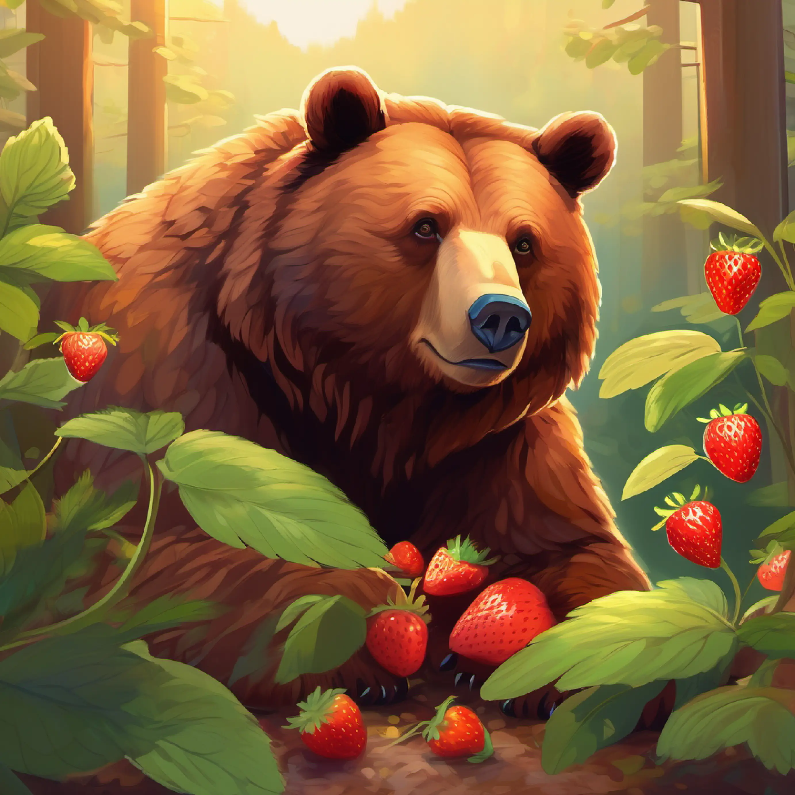 Large brown bear, warm brown eyes, gentle shares strawberries, starts to realize feelings.