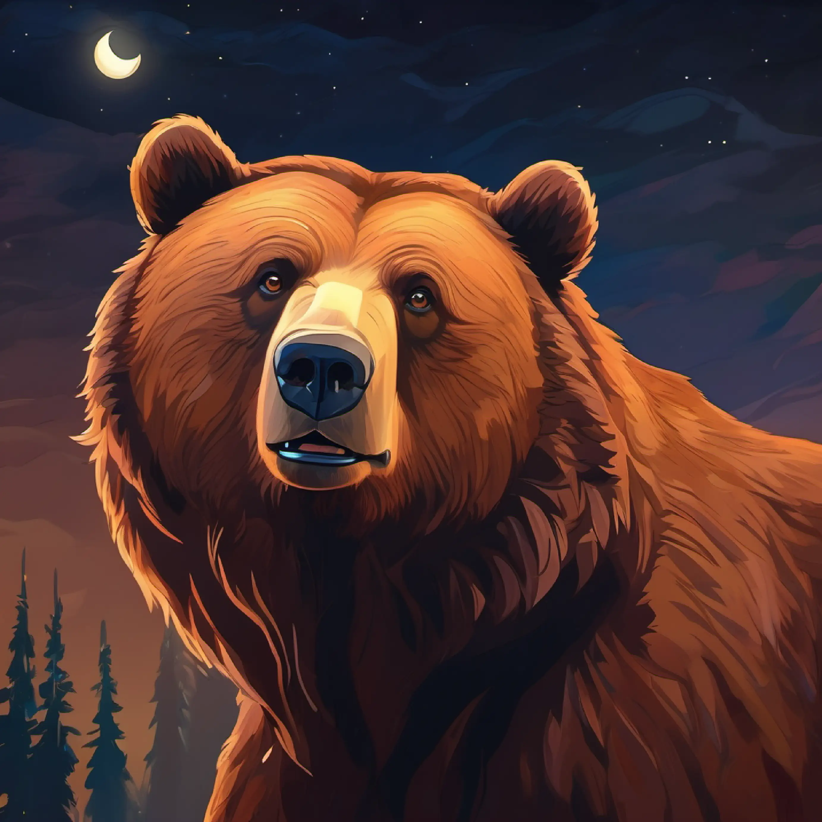 Large brown bear, warm brown eyes, gentle reflects on his emotions at night.