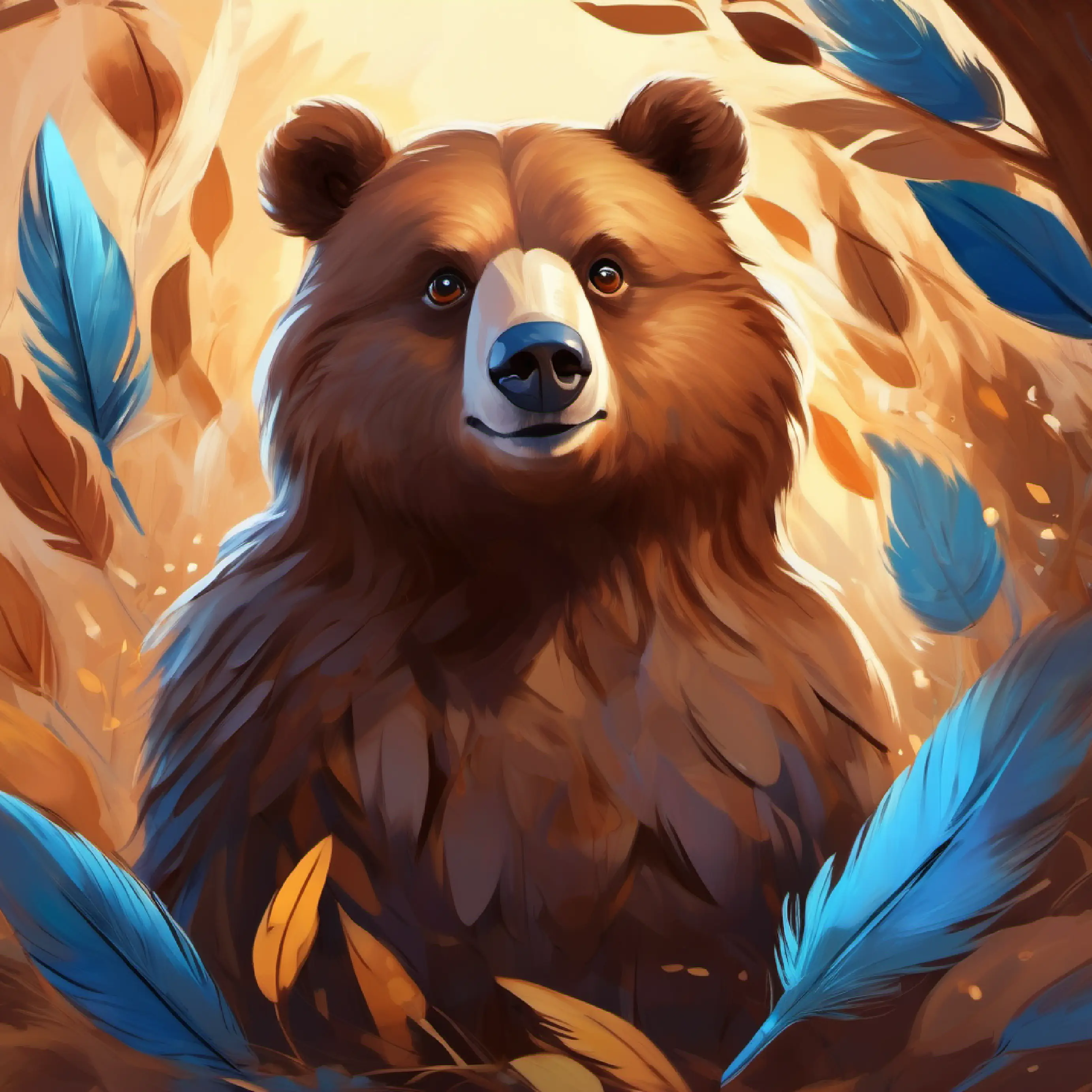 Sparrow, blue feathers, bright-eyed, joyful's song deepens Large brown bear, warm brown eyes, gentle's feelings.