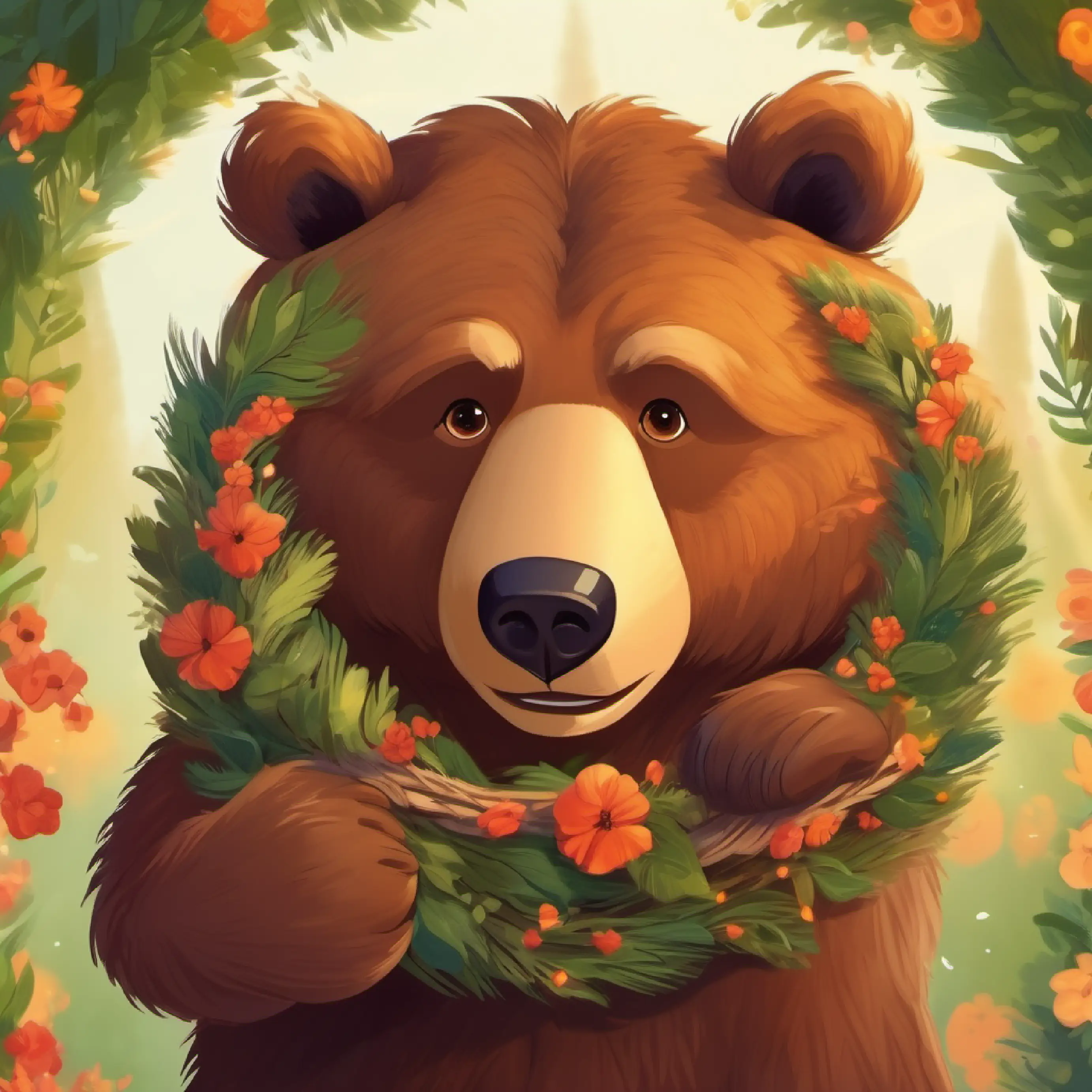 Large brown bear, warm brown eyes, gentle crafts a wreath to express his feelings.