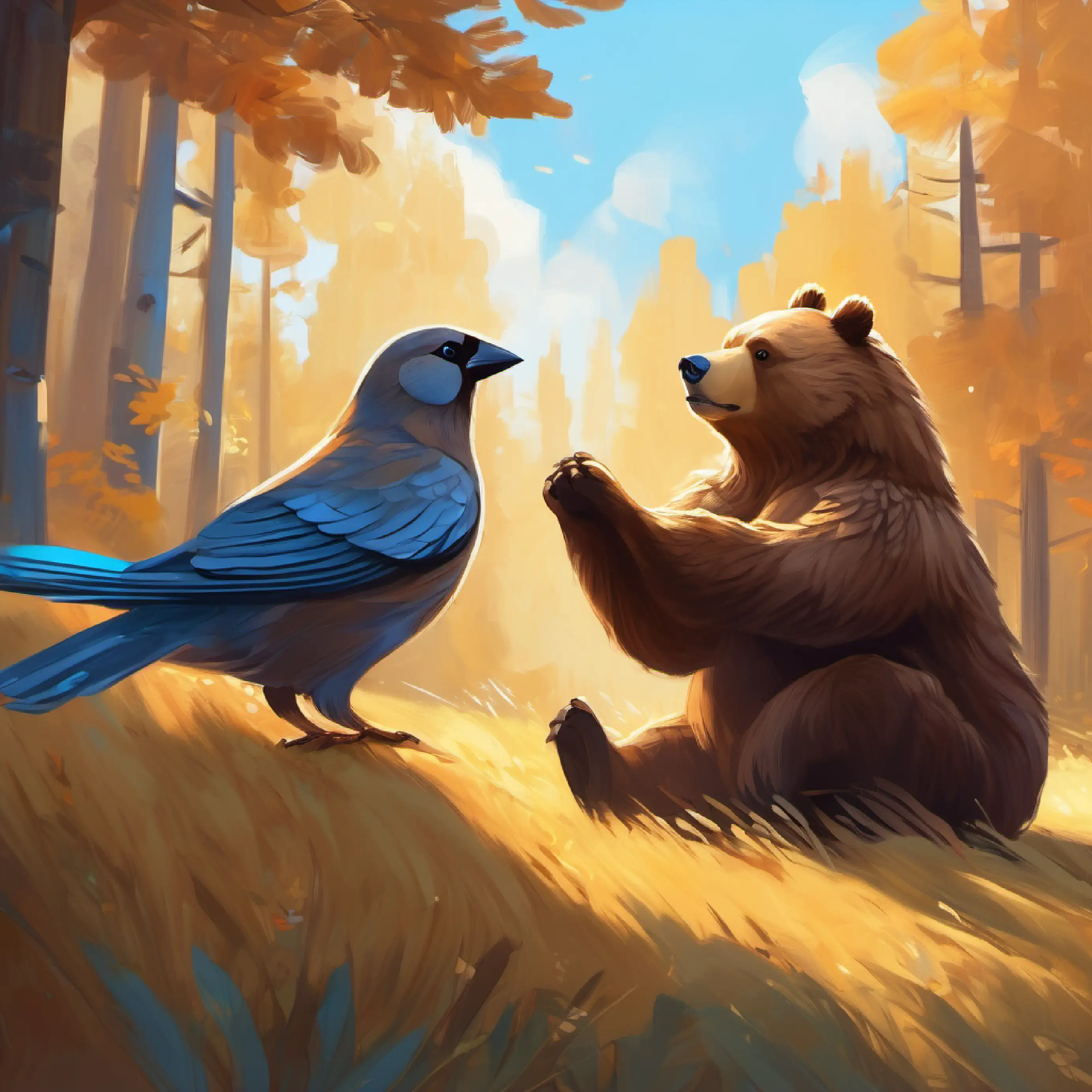 Sparrow, blue feathers, bright-eyed, joyful's reaction to Large brown bear, warm brown eyes, gentle's gift.