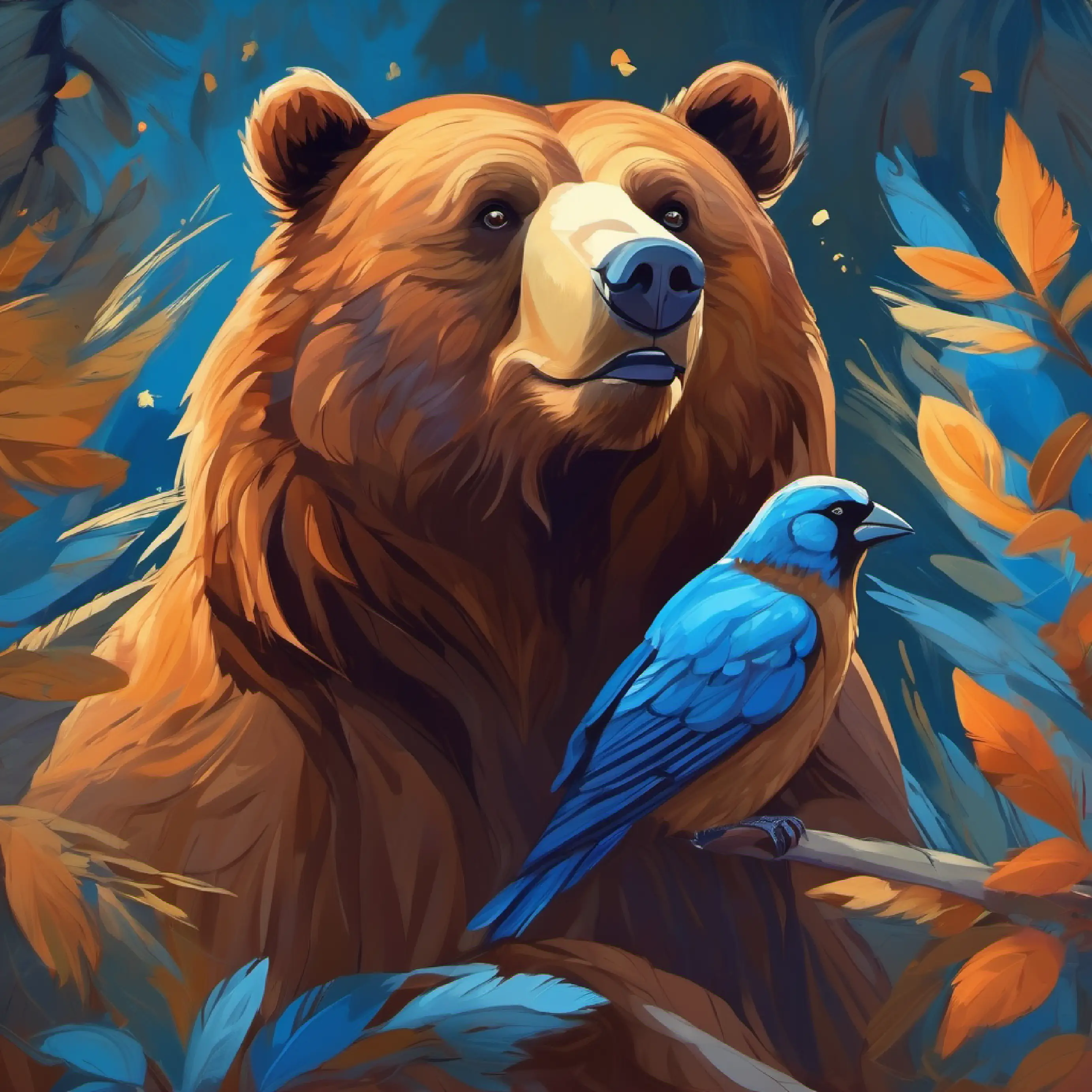 Large brown bear, warm brown eyes, gentle understands his love for Sparrow, blue feathers, bright-eyed, joyful.