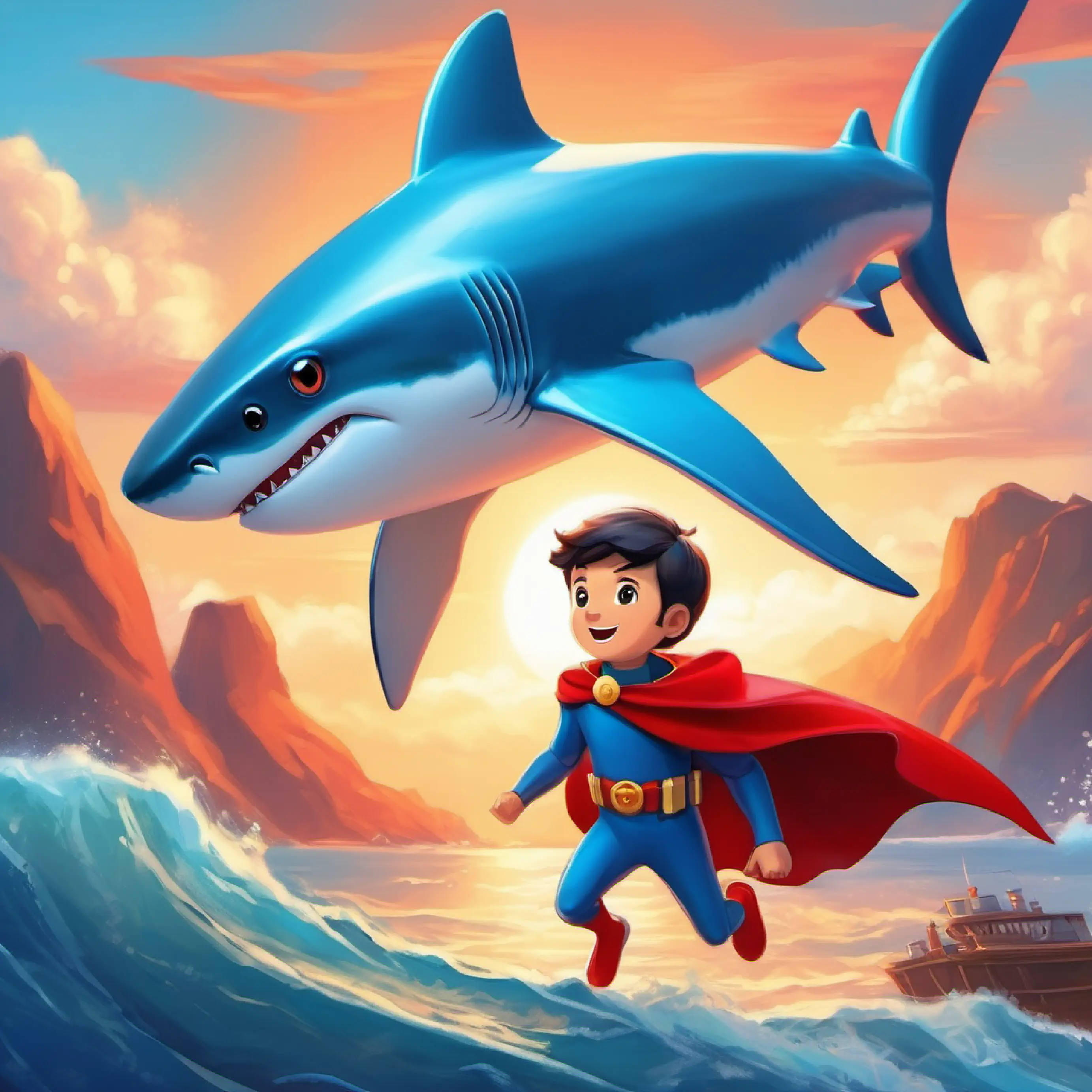 Introduction to the main character, A blue shark with friendly eyes and a bright red superhero cape, and the setting of the story, the blue ocean.