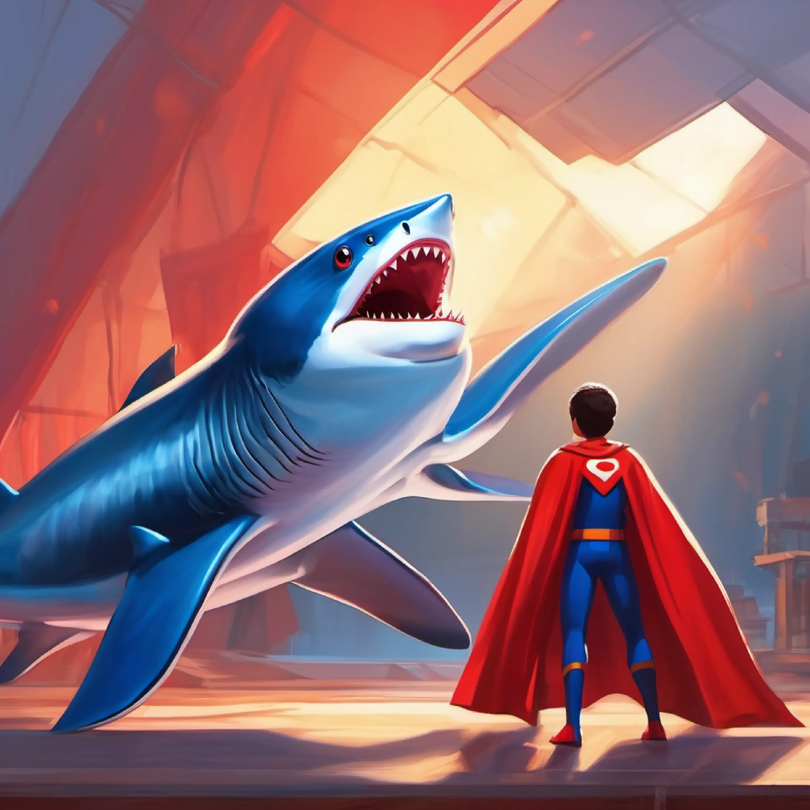 Setting the stage for A blue shark with friendly eyes and a bright red superhero cape's superhero mission and highlighting the problem.