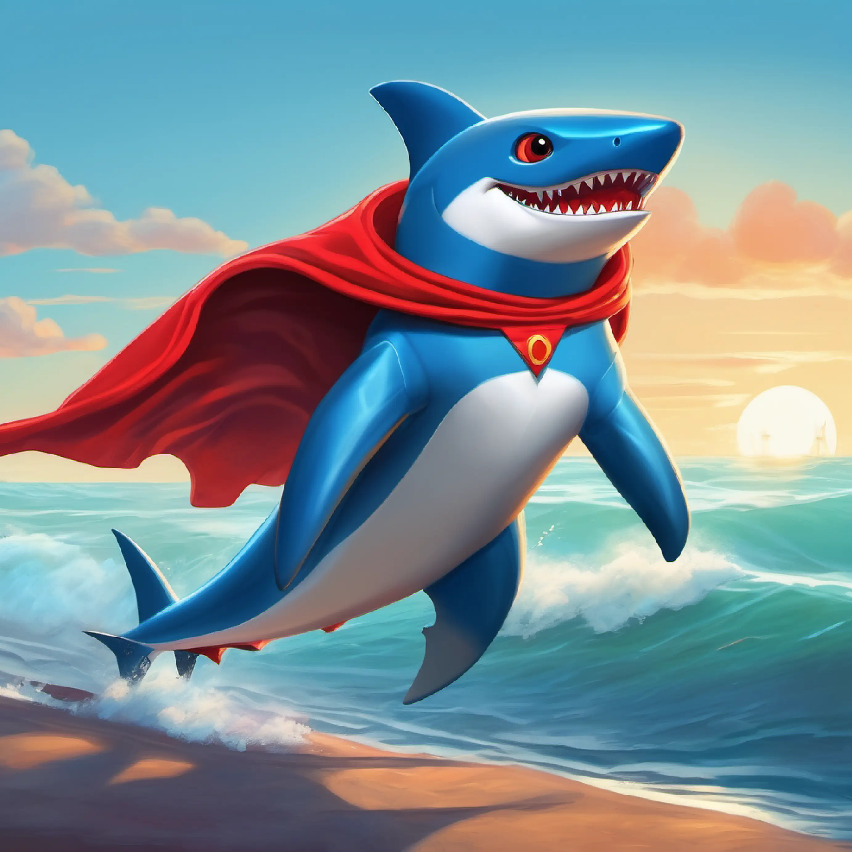 A blue shark with friendly eyes and a bright red superhero cape gearing up for his superhero mission, with his superhero cape and toothbrush.