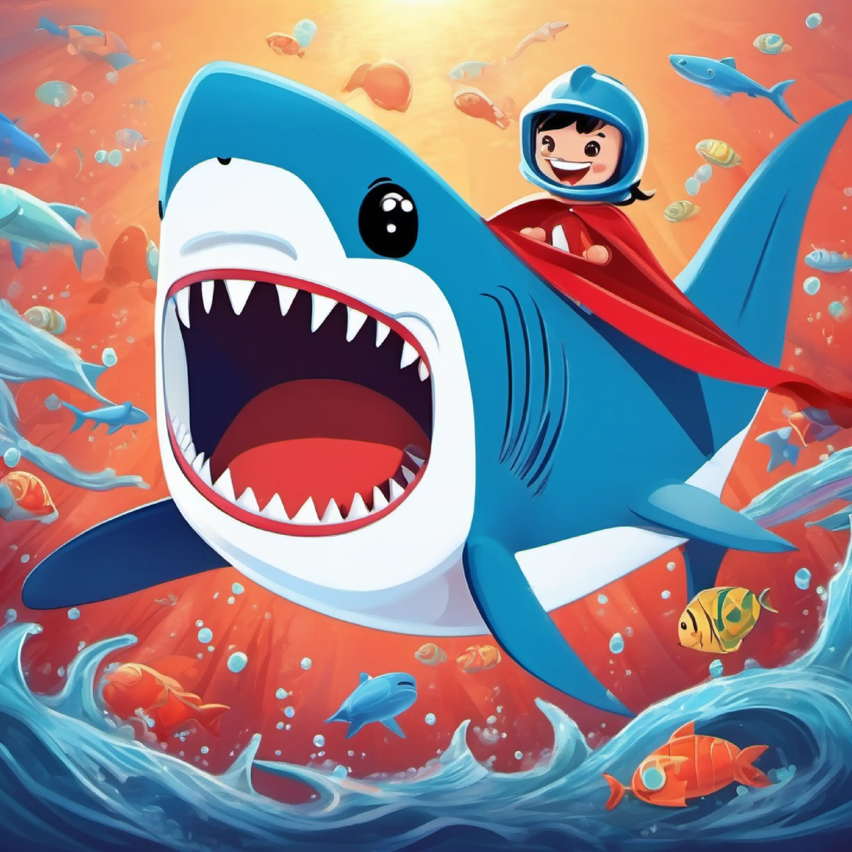 A blue shark with friendly eyes and a bright red superhero cape spreading joy and dental hygiene by organizing tooth-brushing parties for the sea creatures.