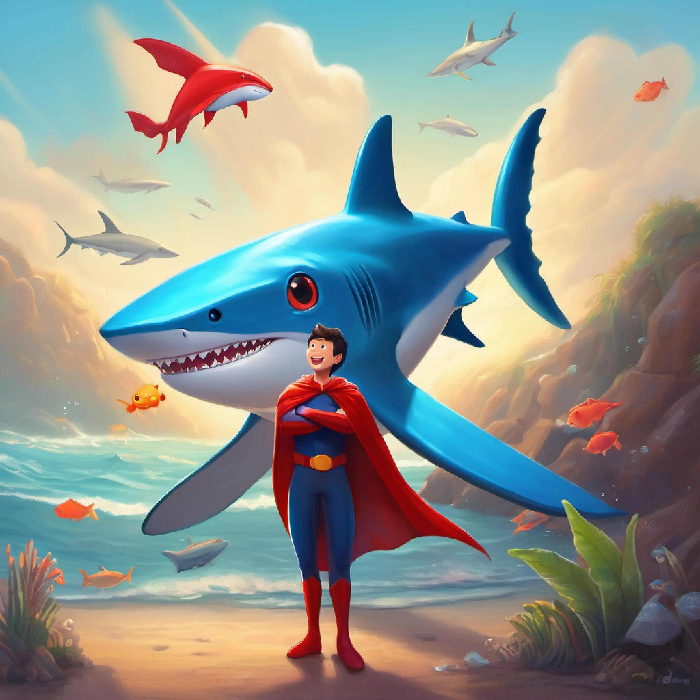 The happy conclusion, with the sea creatures expressing gratitude to A blue shark with friendly eyes and a bright red superhero cape and committing to good dental habits.