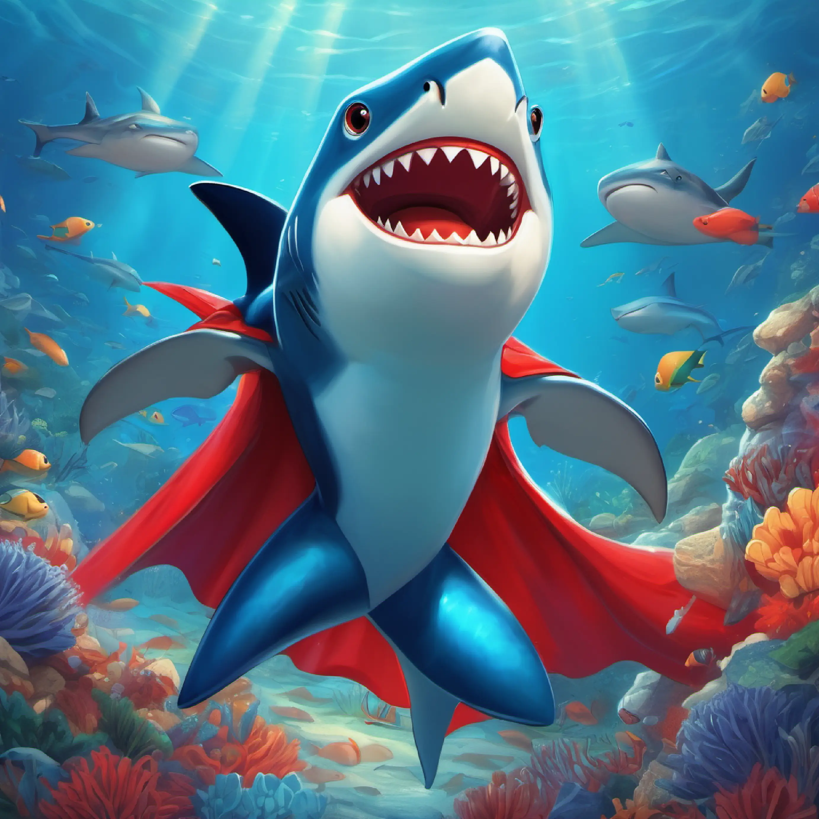 The story's conclusion, highlighting A blue shark with friendly eyes and a bright red superhero cape's ongoing role as the ocean's tooth-brushing superhero.