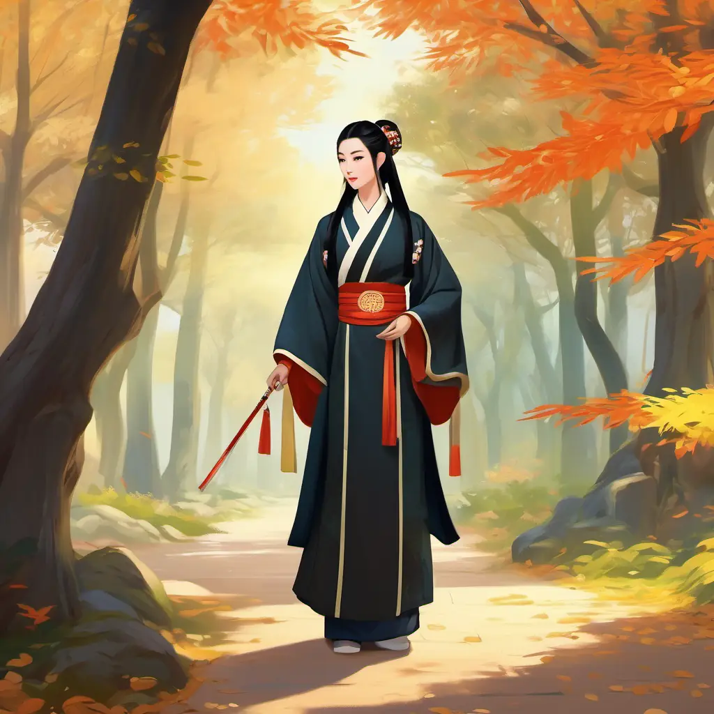 Ancient China, Tang Dynasty, Long black hair, almond eyes, Tang Dynasty attire in the woods