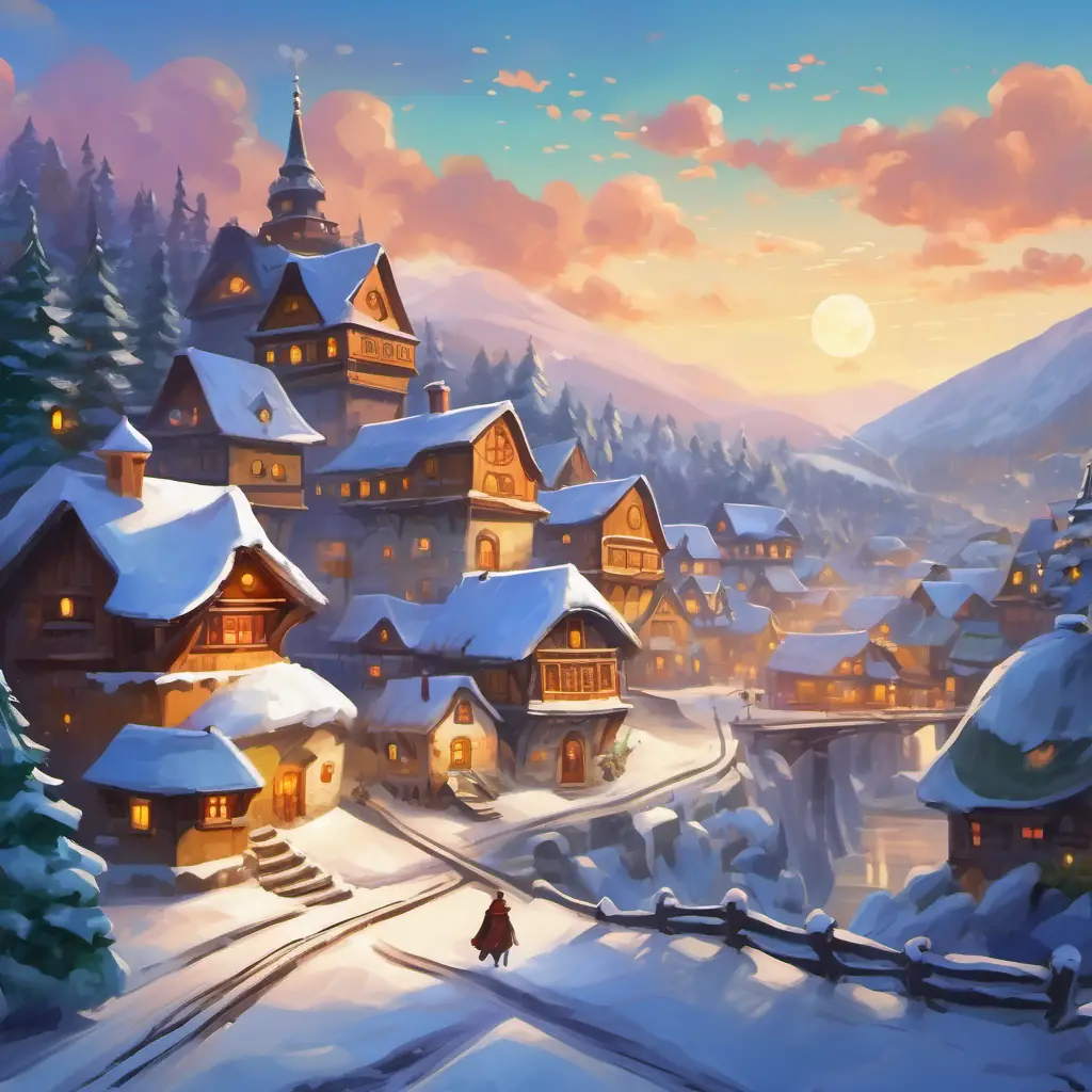 Snowy village, magical talisman, merry people