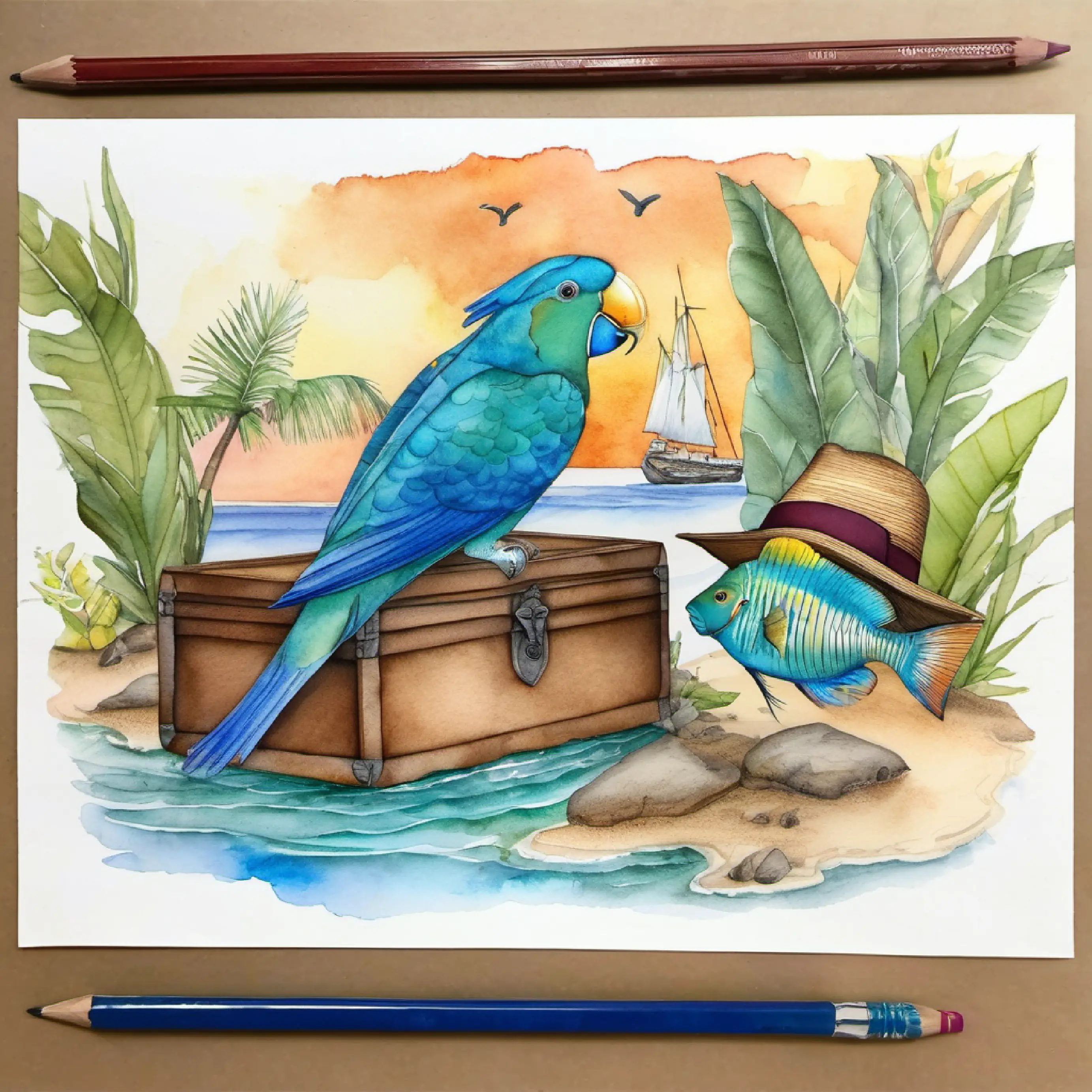 The chest is opened, finding the hats and a sleepy parrotfish.