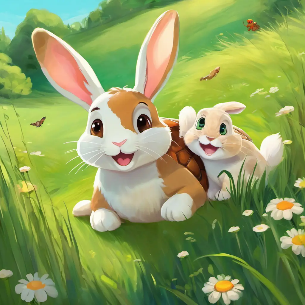 In a sunny meadow, Rosie has brown fur and sparkly eyes the rabbit and Timmy is green with a big, friendly smile the turtle were best friends.