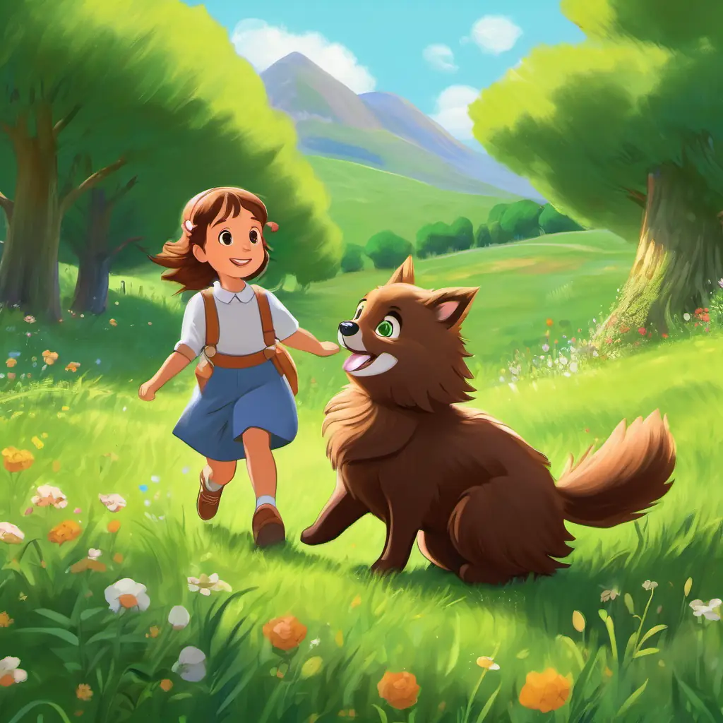 Rosie has brown fur and sparkly eyes and Timmy is green with a big, friendly smile playing together in the meadow, Rosie has brown fur and sparkly eyes hopping and Timmy is green with a big, friendly smile slowly following.